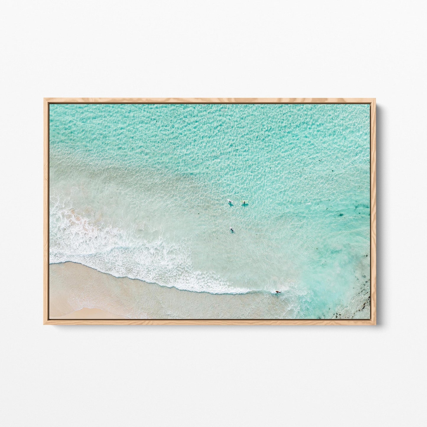 Aerial surfer ocean photography oak framed canvas