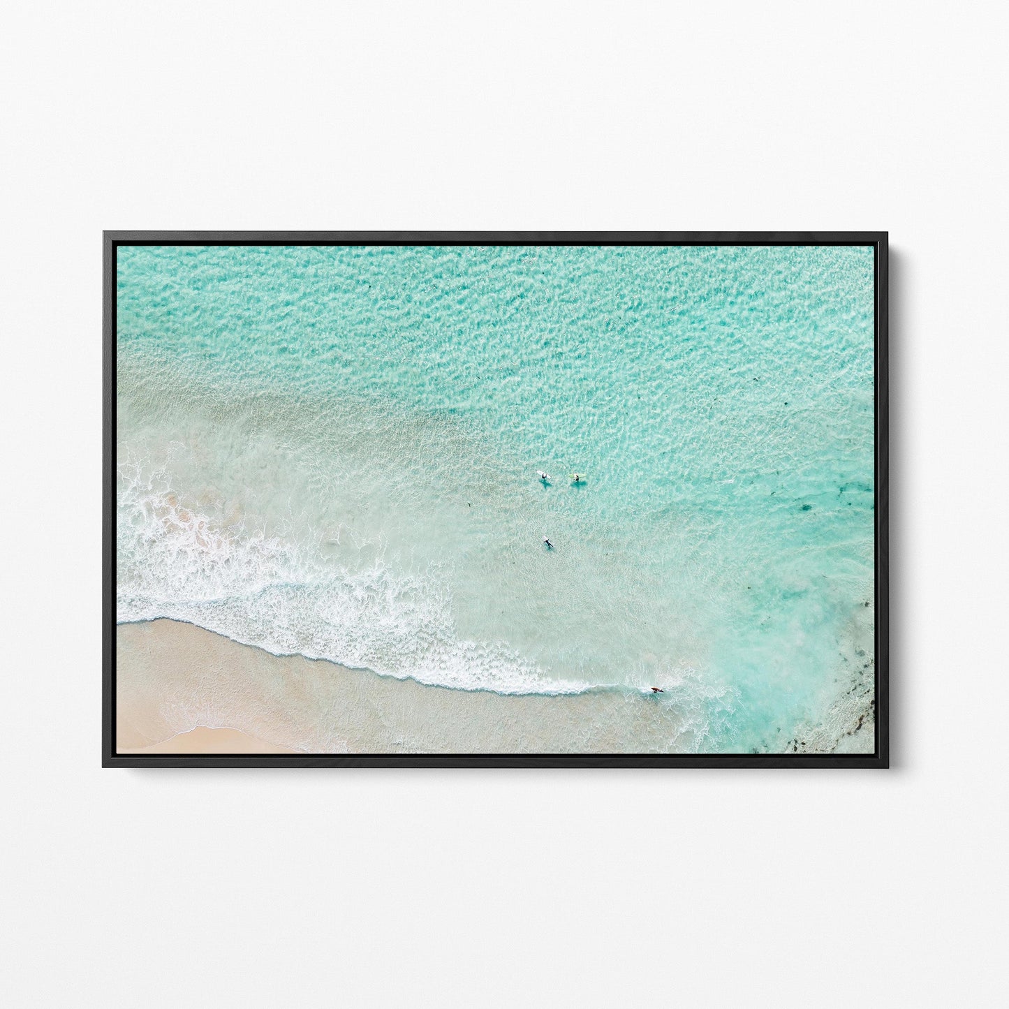 Aerial surfer ocean photography black framed canvas