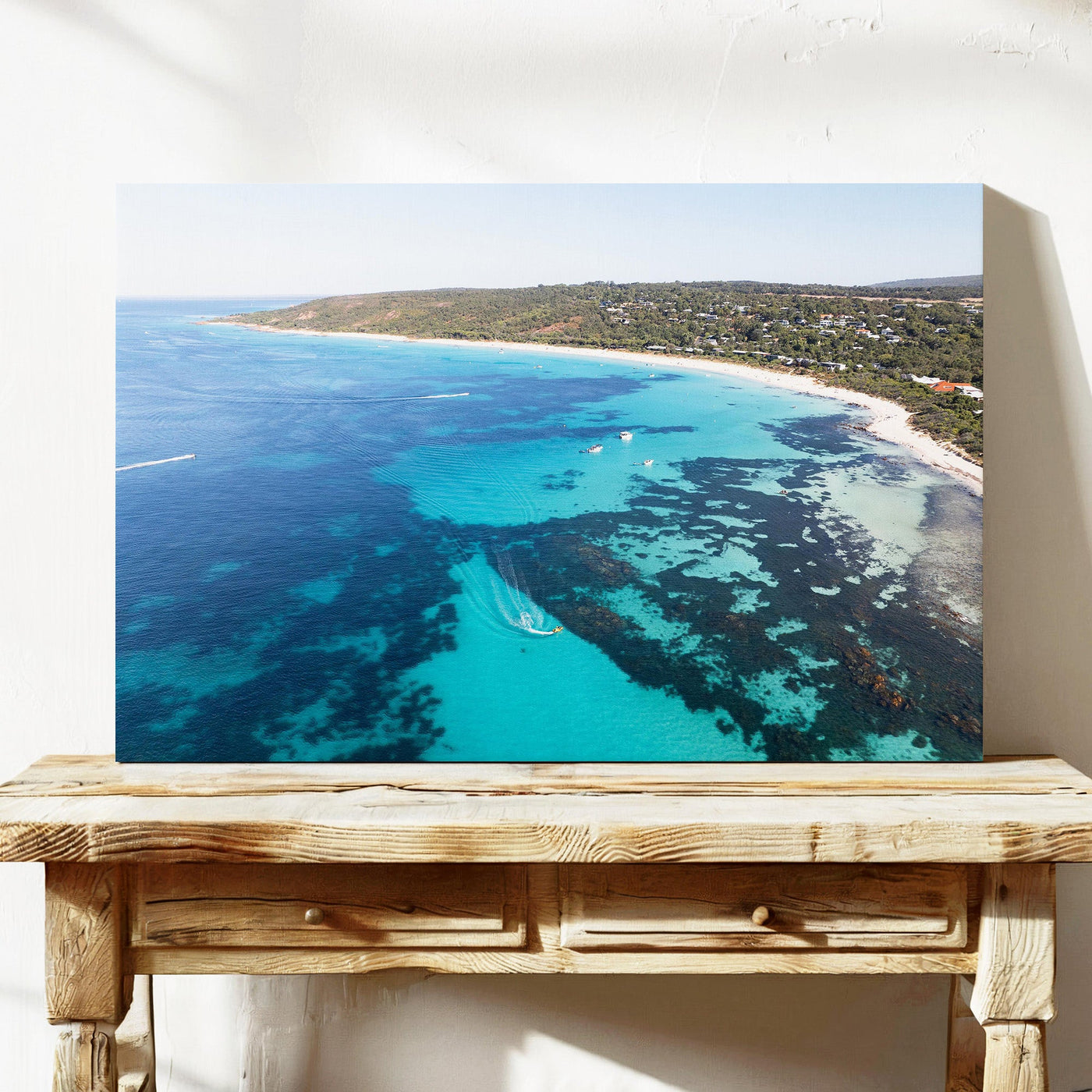 Bunker Bay boats and reef aerial canvas wall art