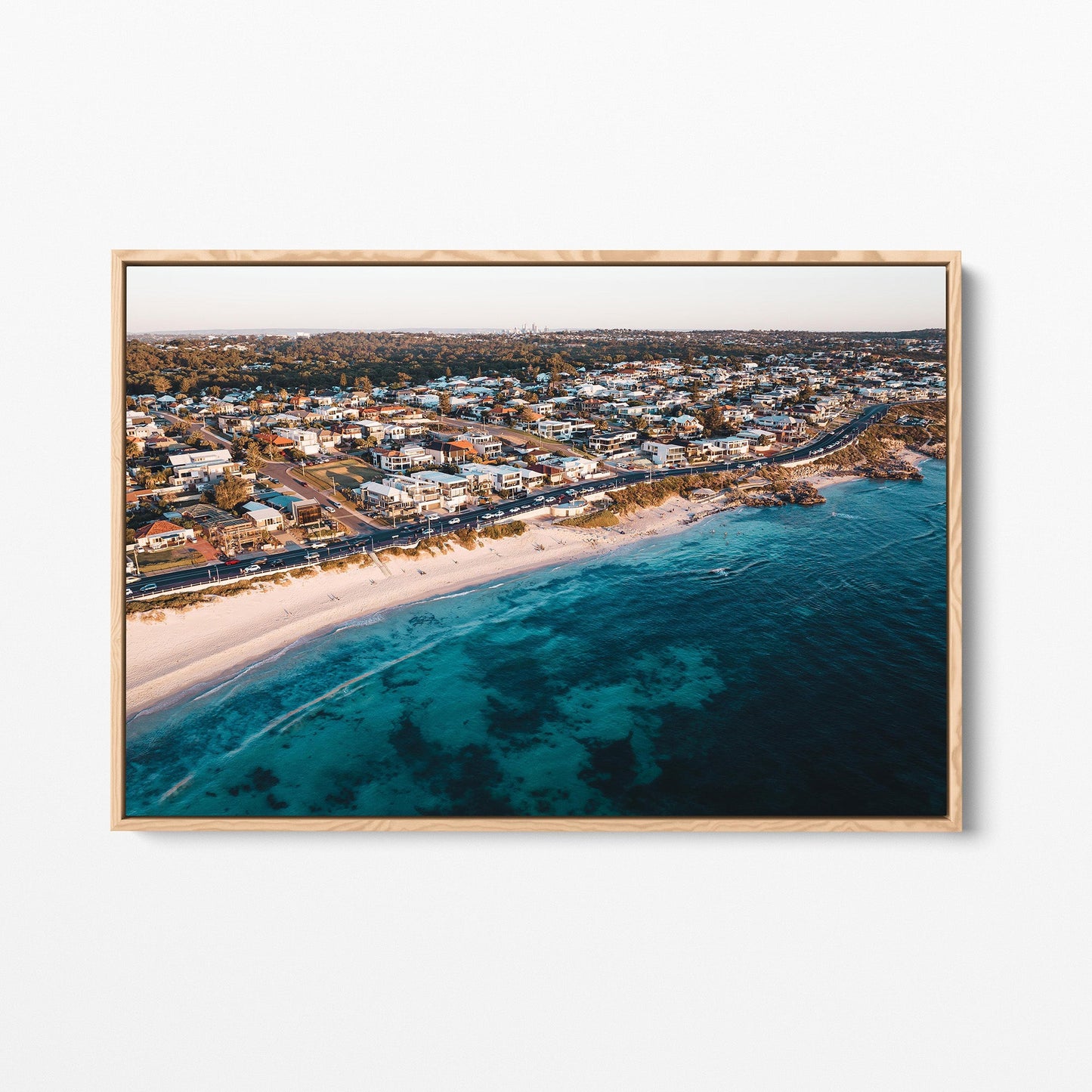 Trigg coastal sunset oak framed canvas
