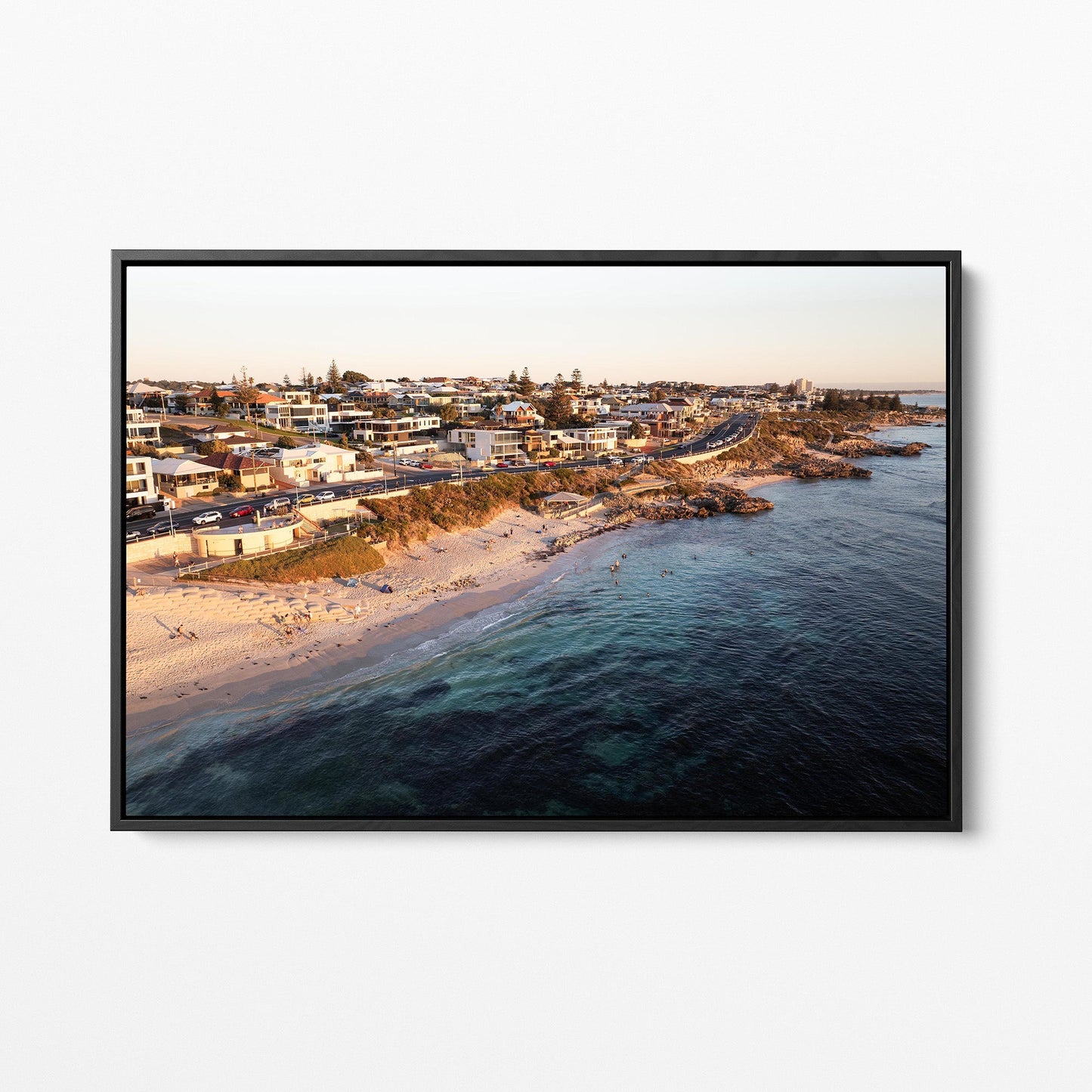 Trigg coastline sunset black framed canvas