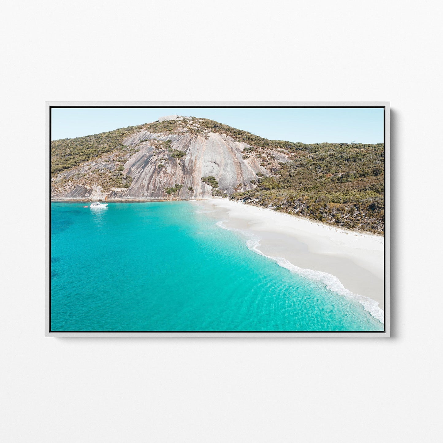 Misery Beach white framed canvas