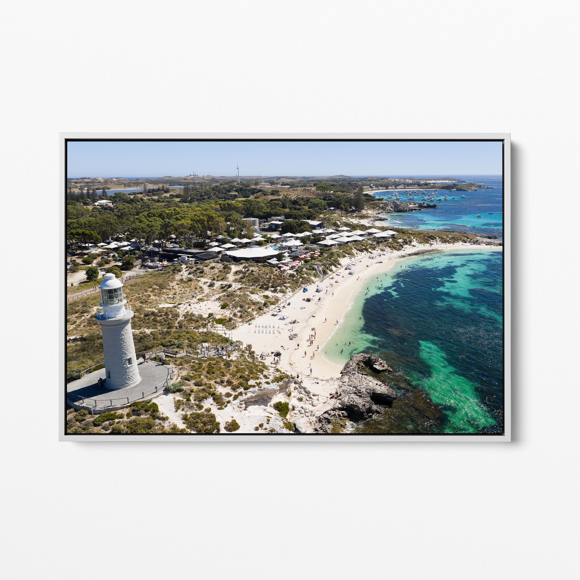 Pinky Beach Settlement White Framed Canvas