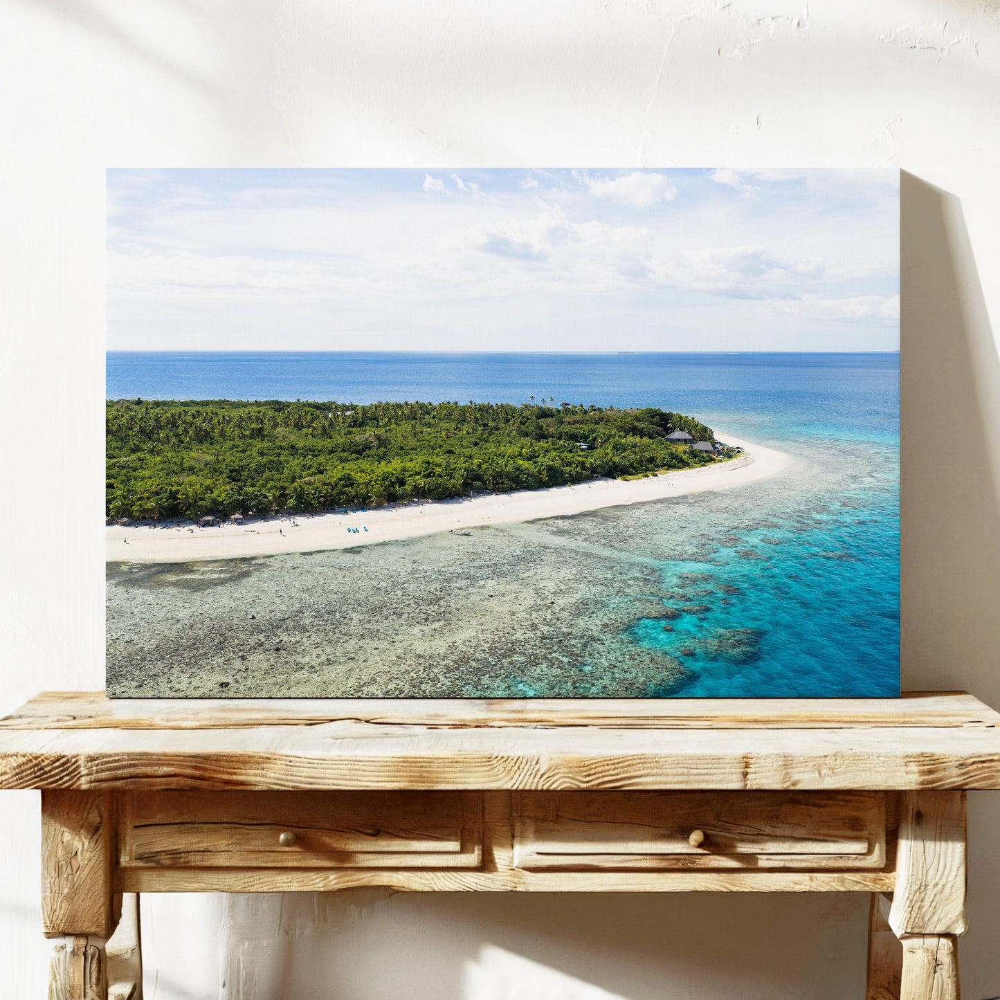 Serenity Island reef flat and sand spit in Fiji printed on stretched canvas