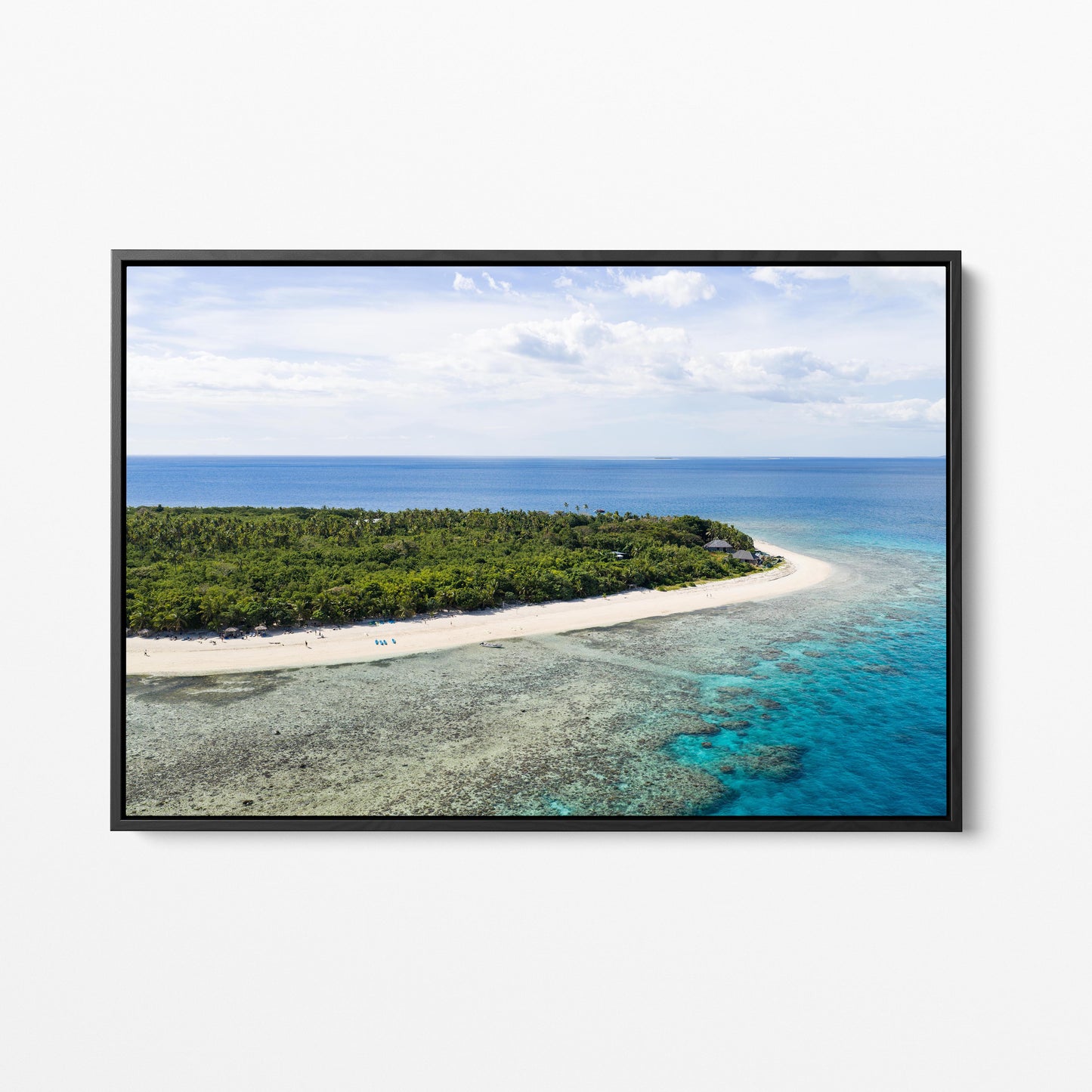 Serenity Island reef flat and sand spit in Fiji in a black frame