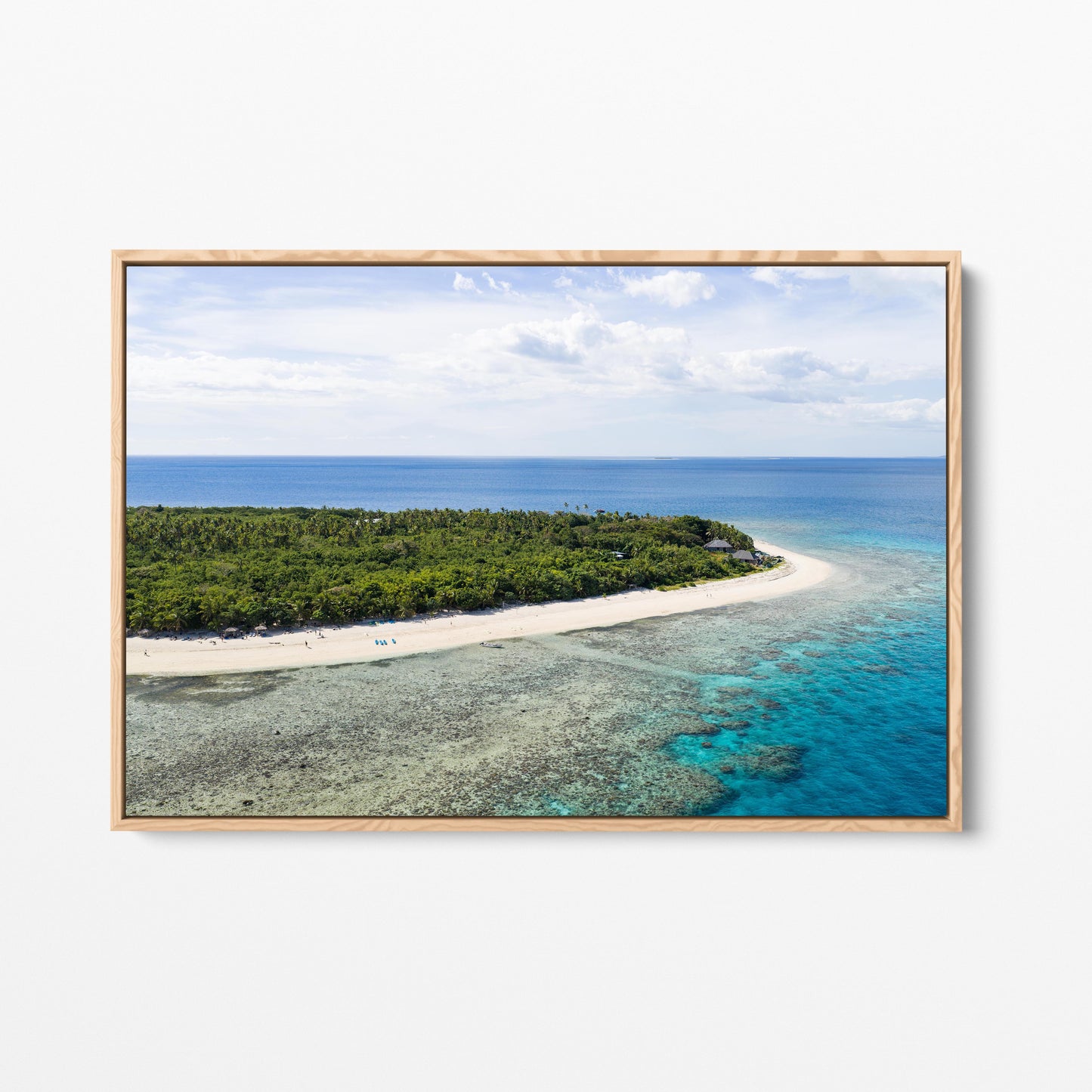 Serenity Island reef flat and sand spit in Fiji in an oak frame