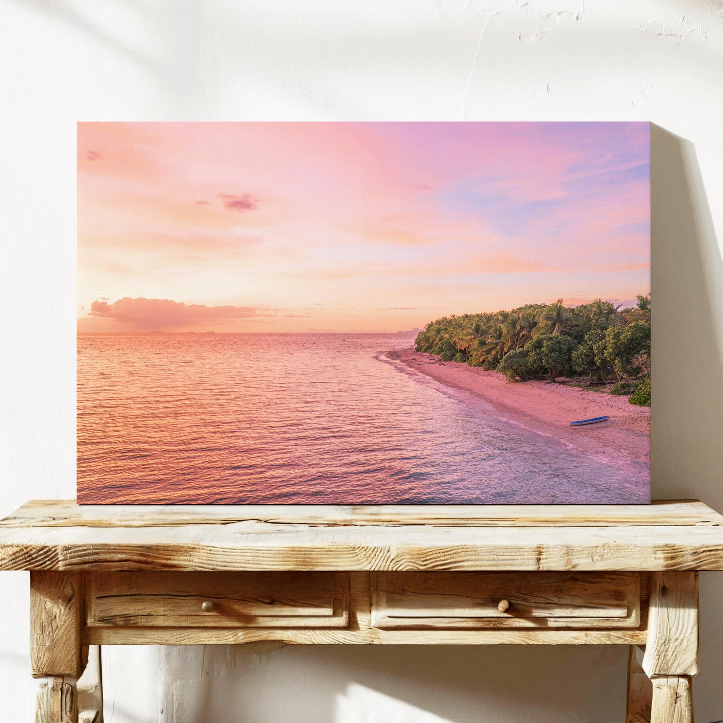 Serenity Island at sunset in Fiji printed on stretched canvas