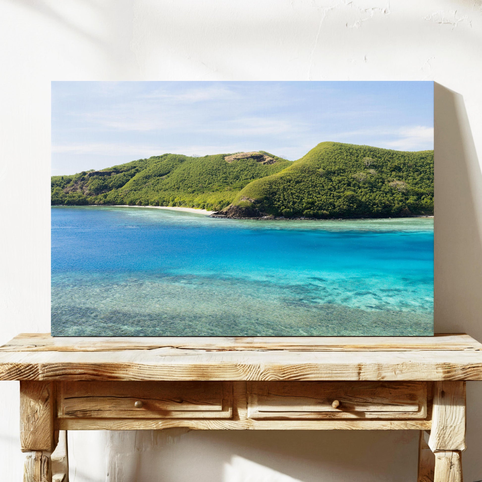Manta Ray Island ridge and cove beach in Fiji printed on stretched canvas