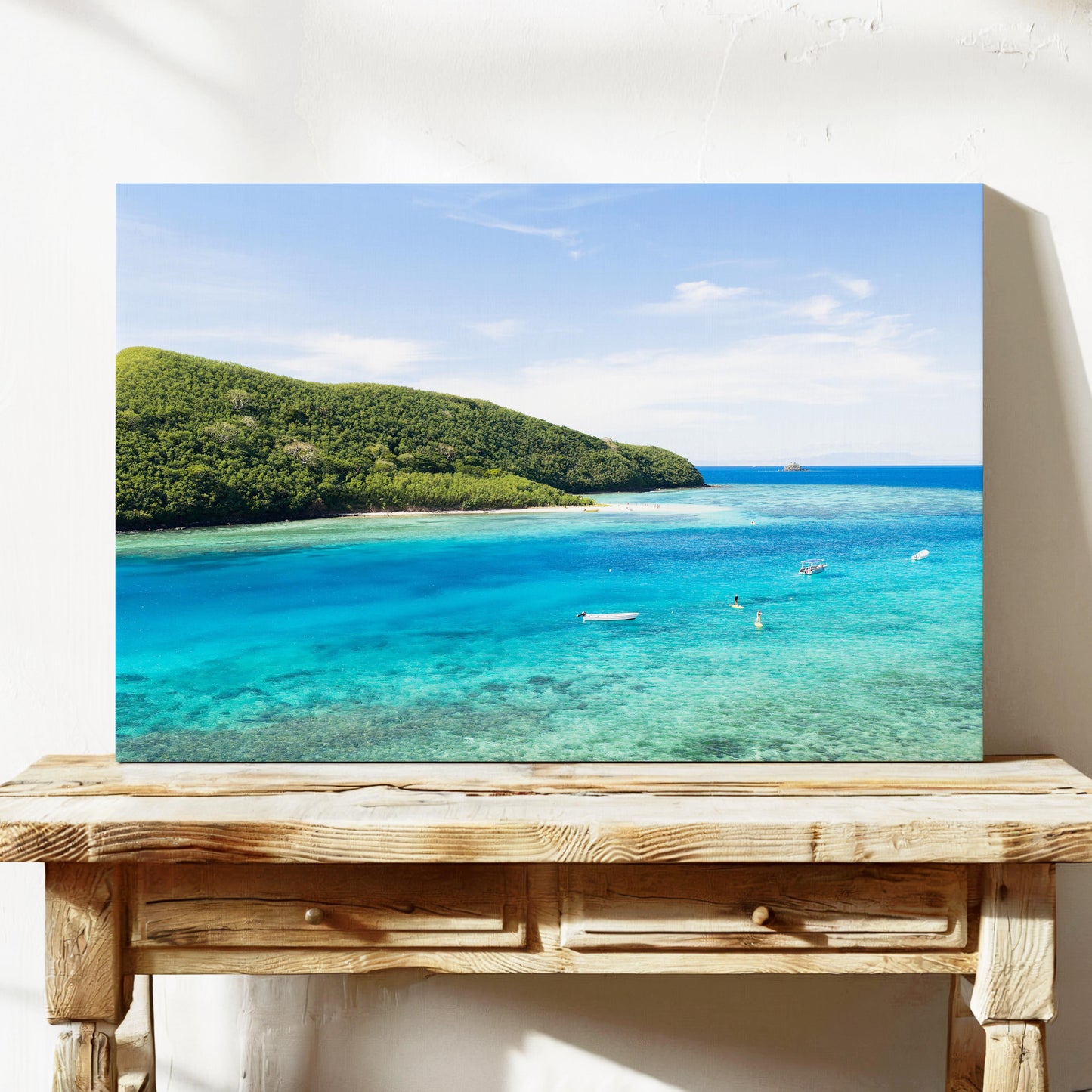 Manta Ray Island above its turquoise lagoon in Fiji printed on stretched canvas