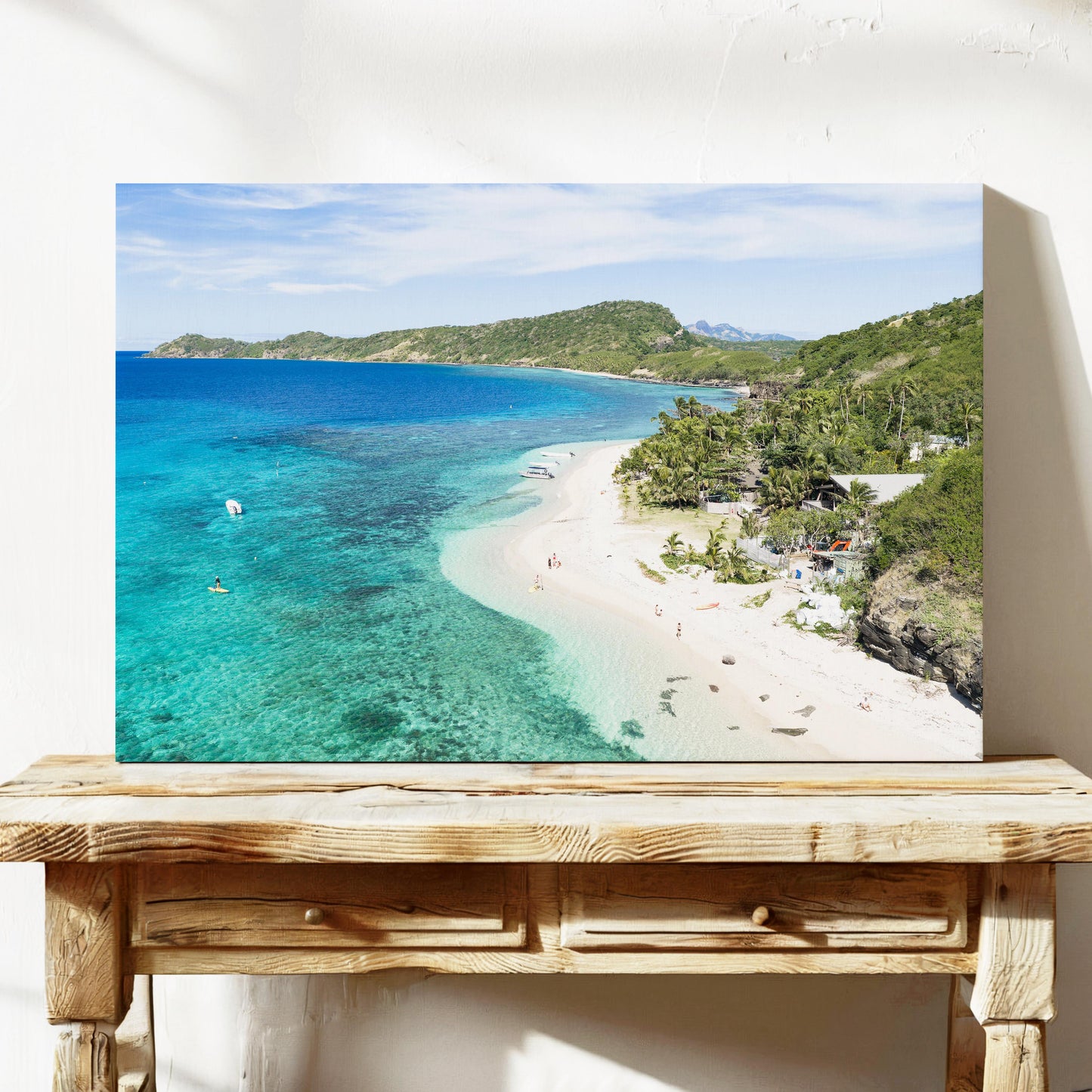 The resort beach at Manta Ray Island in Fiji printed on stretched canvas