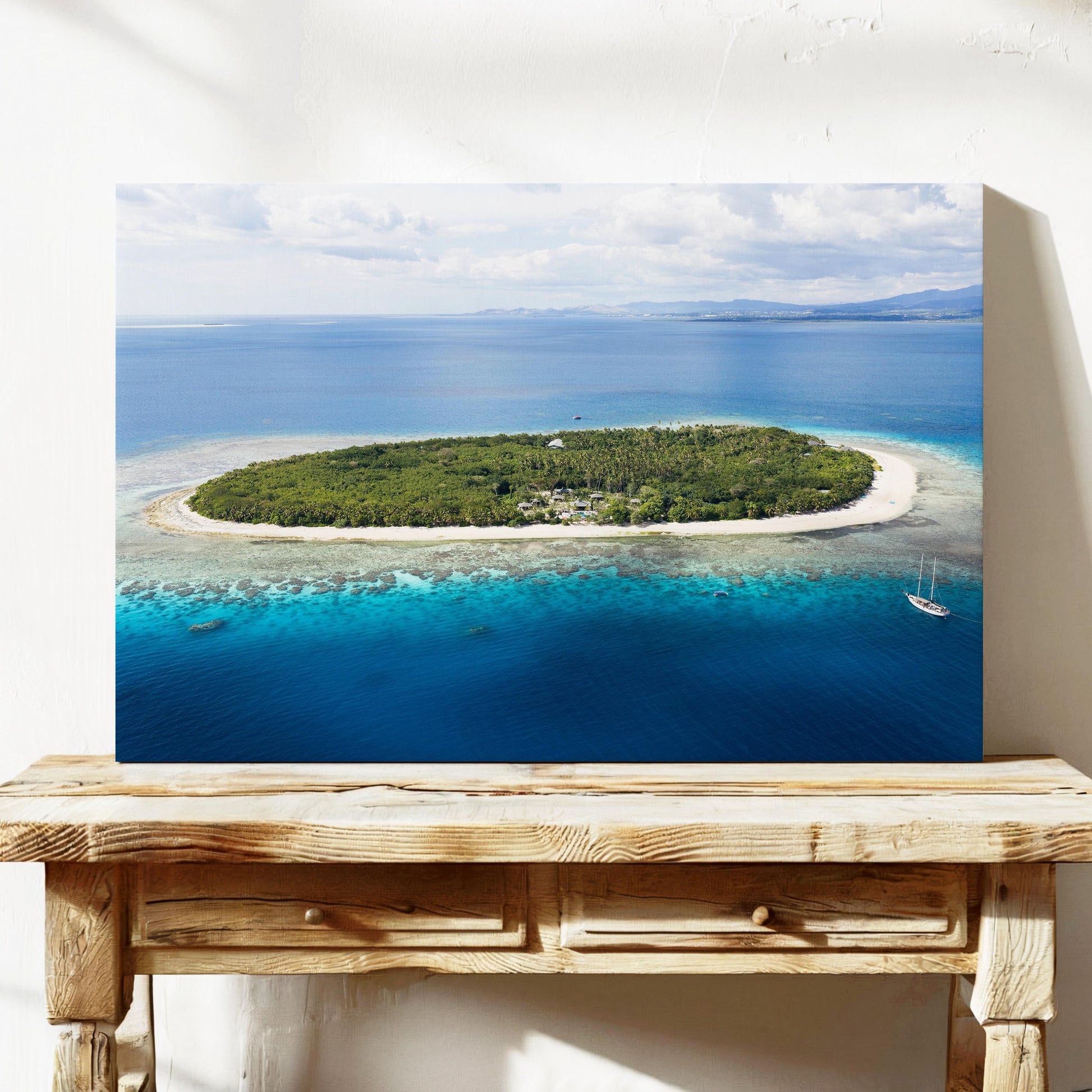 The whole of Serenity Island in Fiji from the air, printed on stretched canvas