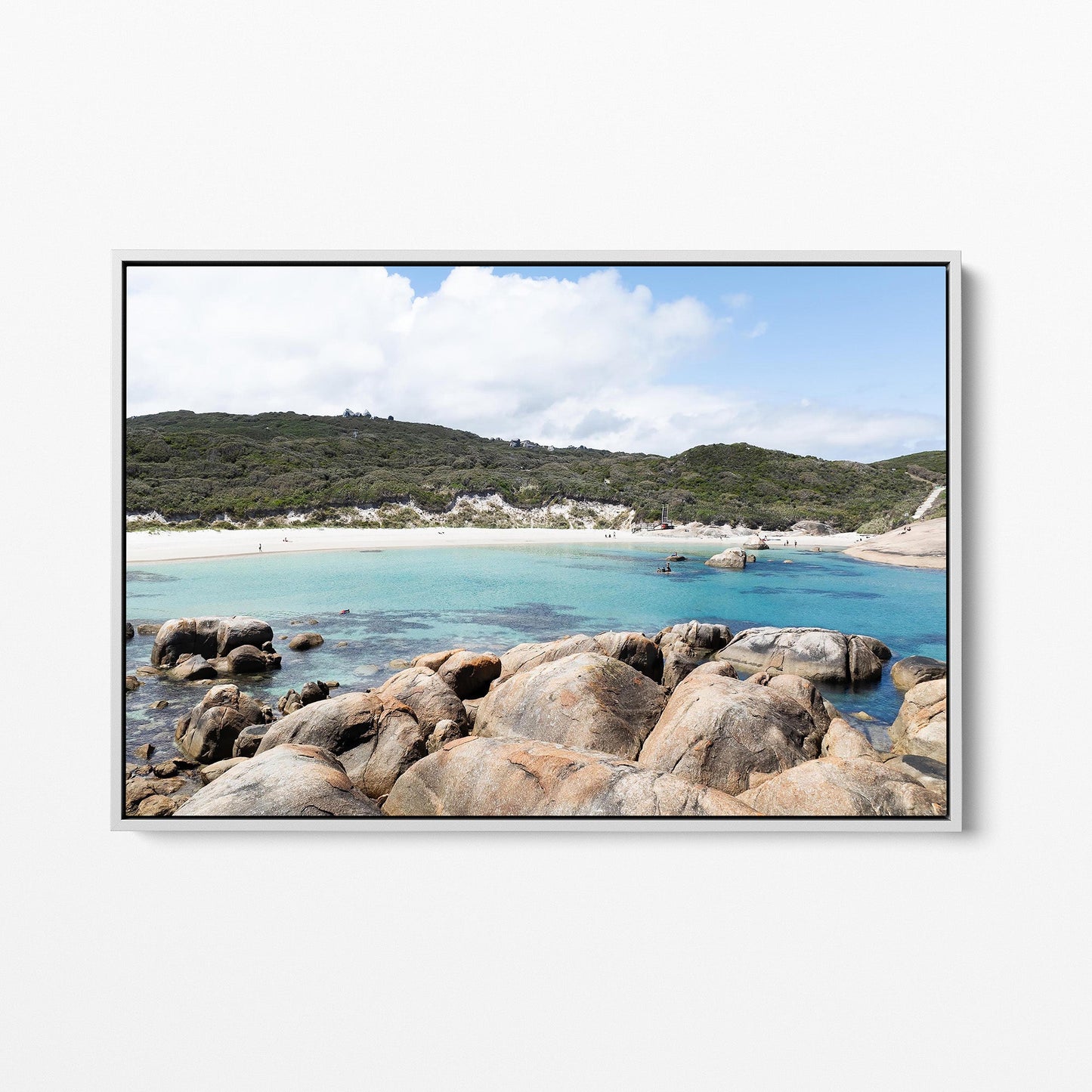 Greens Pool boulders white framed canvas