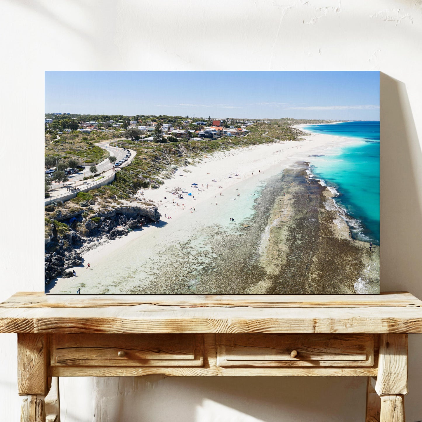 Yanchep Lagoon with the town above the beach, printed on stretched canvas