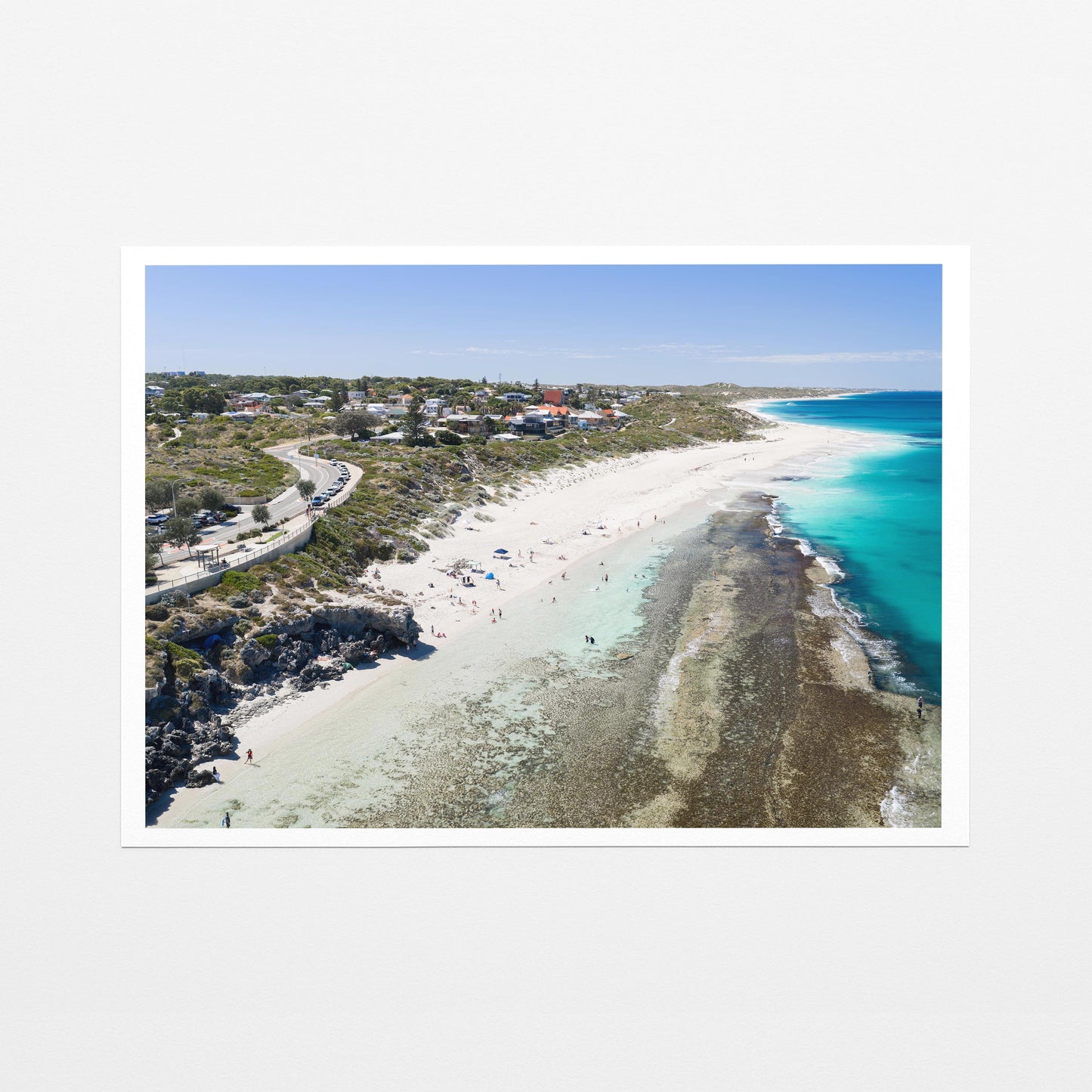 Yanchep Lagoon with the town above the beach, printed on fine art paper with a white border