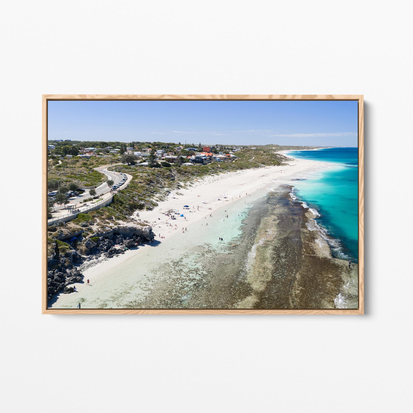 Yanchep Lagoon with the town above the beach, in an oak frame