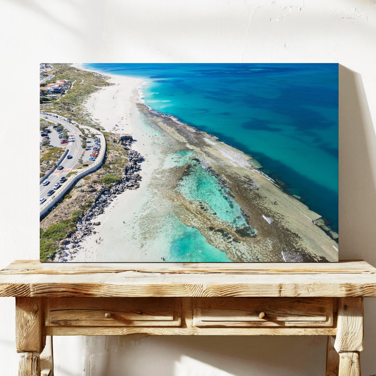 The reef spreading through the water at Yanchep Lagoon, printed on stretched canvas