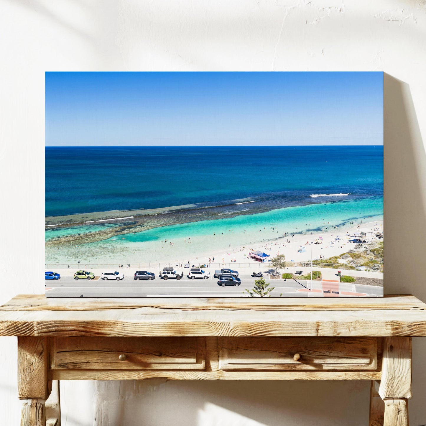 The beach and reef at Yanchep Lagoon printed on stretched canvas