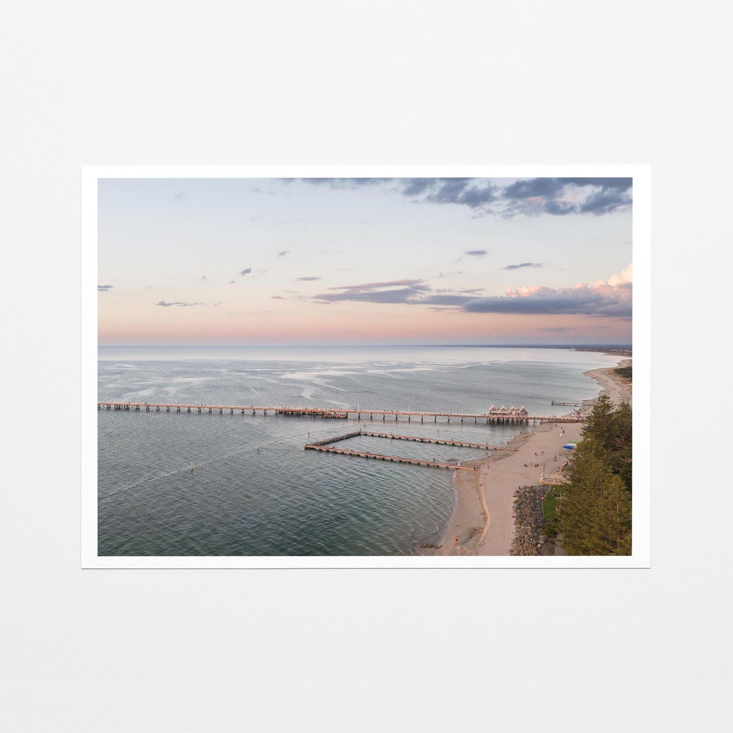Fine art paper print of Busselton Jetty across Geographe Bay at sunset, with a white border