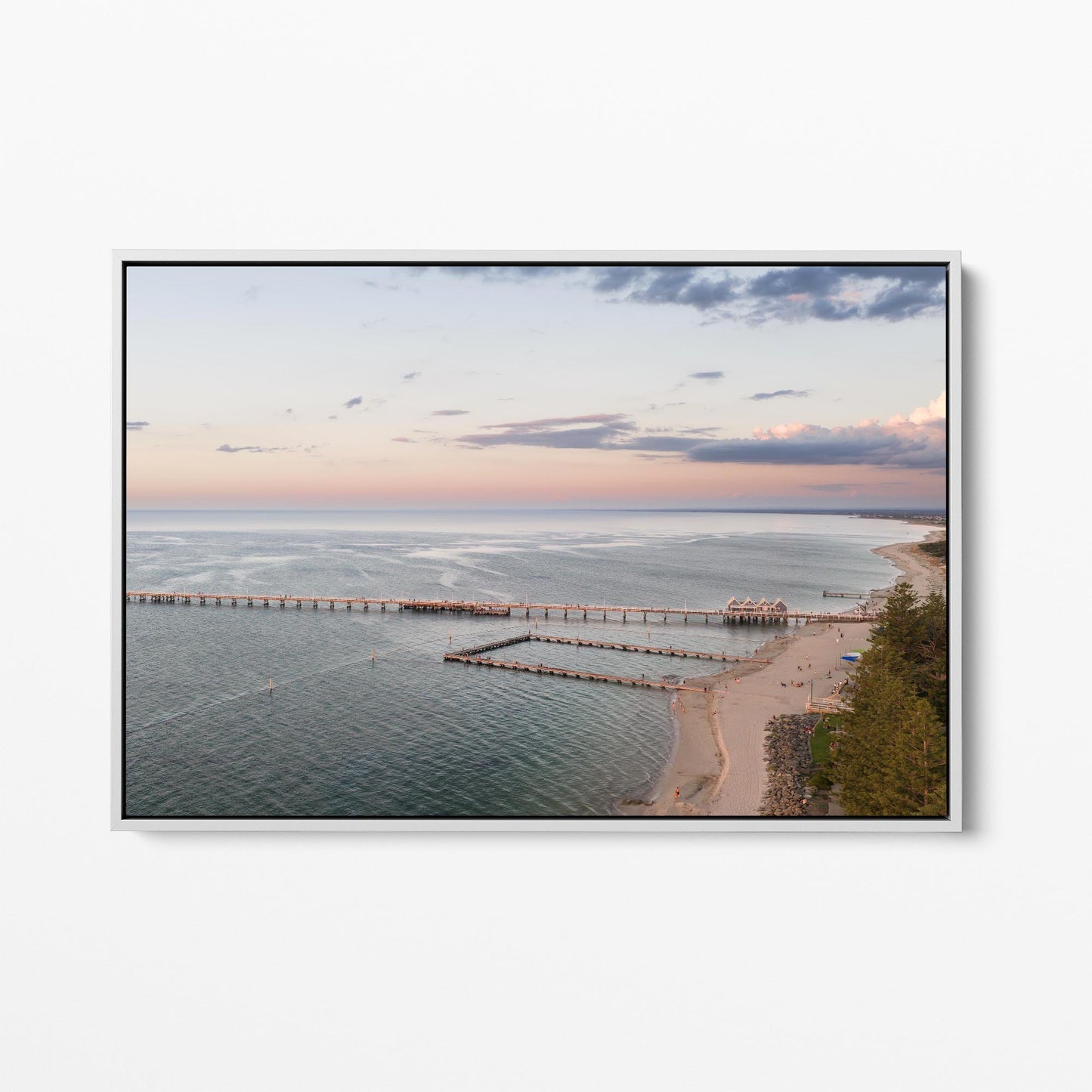 White framed canvas print of Busselton Jetty across Geographe Bay at sunset, Western Australia