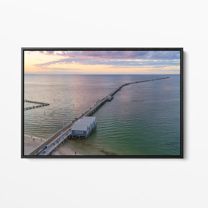 Black framed canvas print of Busselton Jetty running to the horizon after sunset, Western Australia