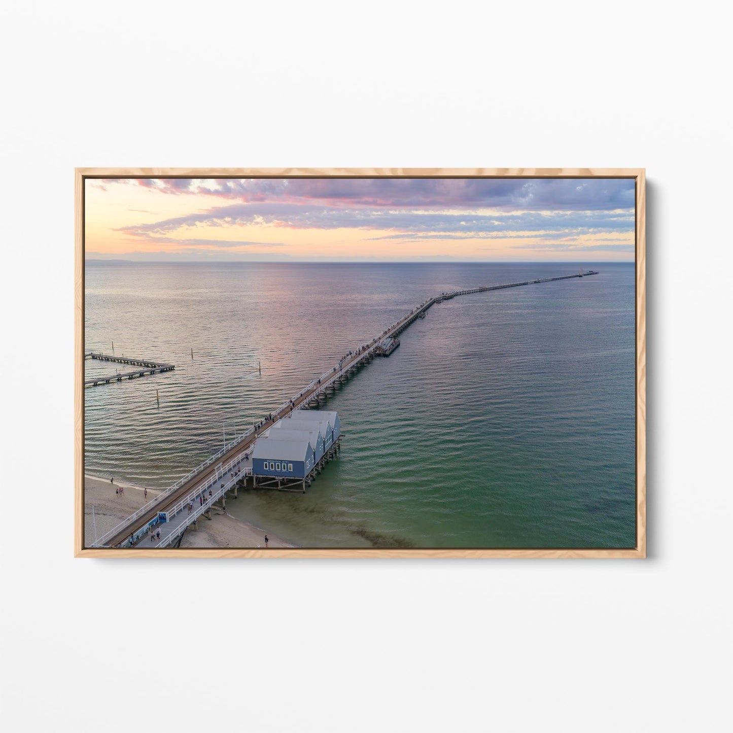 Oak framed canvas print of Busselton Jetty running to the horizon after sunset, Western Australia