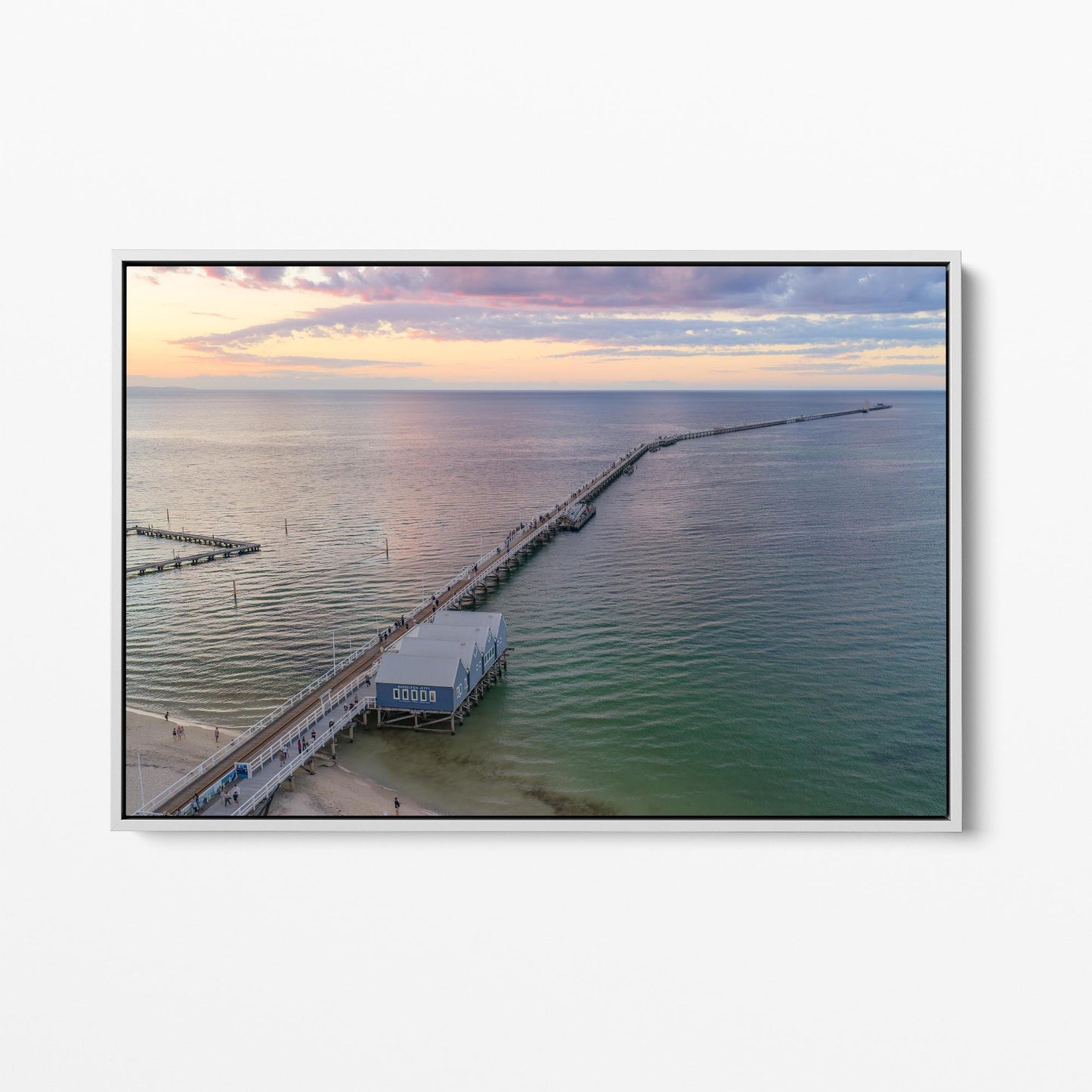White framed canvas print of Busselton Jetty running to the horizon after sunset, Western Australia