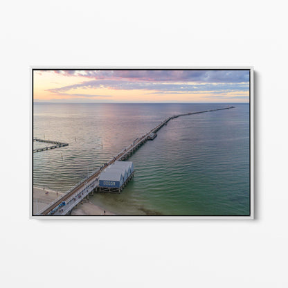 White framed canvas print of Busselton Jetty running to the horizon after sunset, Western Australia