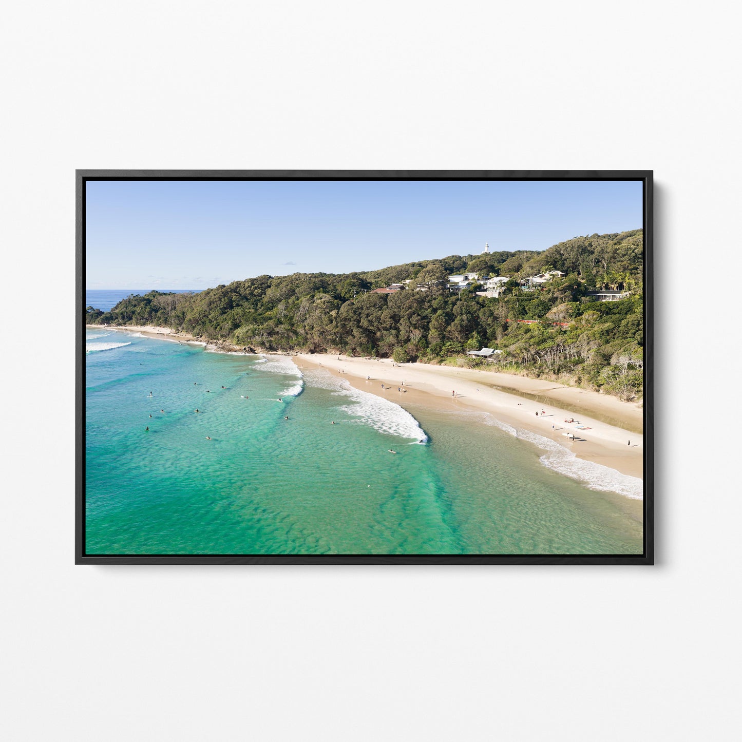 Wategos Beach Surfers Black Framed Canvas Byron Bay