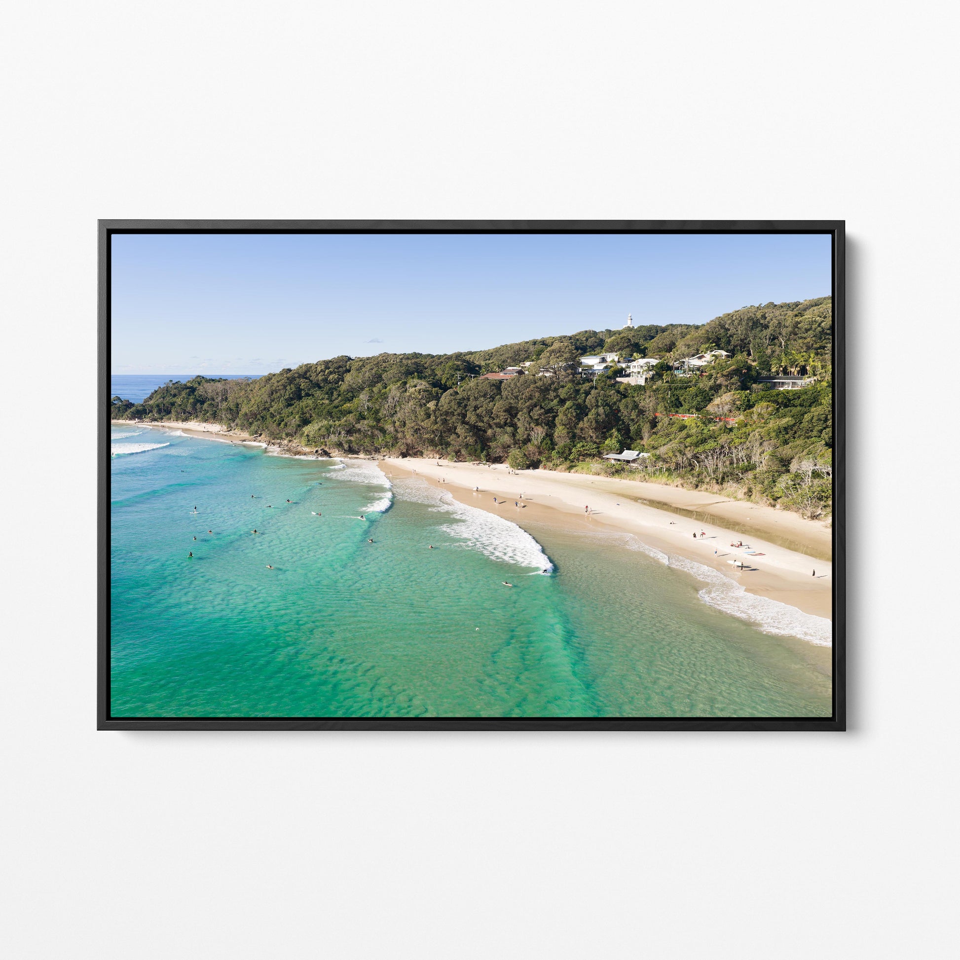 Wategos Beach Surfers Black Framed Canvas Byron Bay