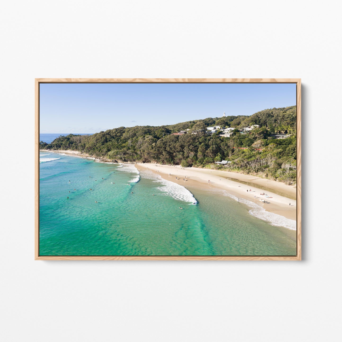 Wategos Beach Surfers Oak Framed Canvas Byron Bay