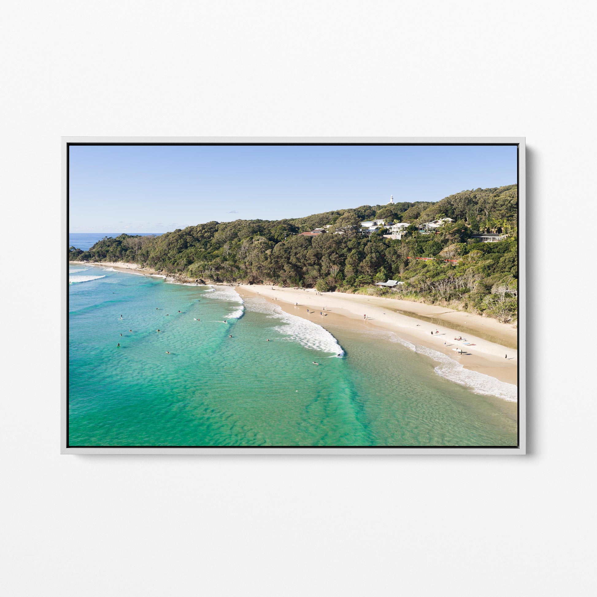 Wategos Beach Surfers White Framed Canvas Byron Bay
