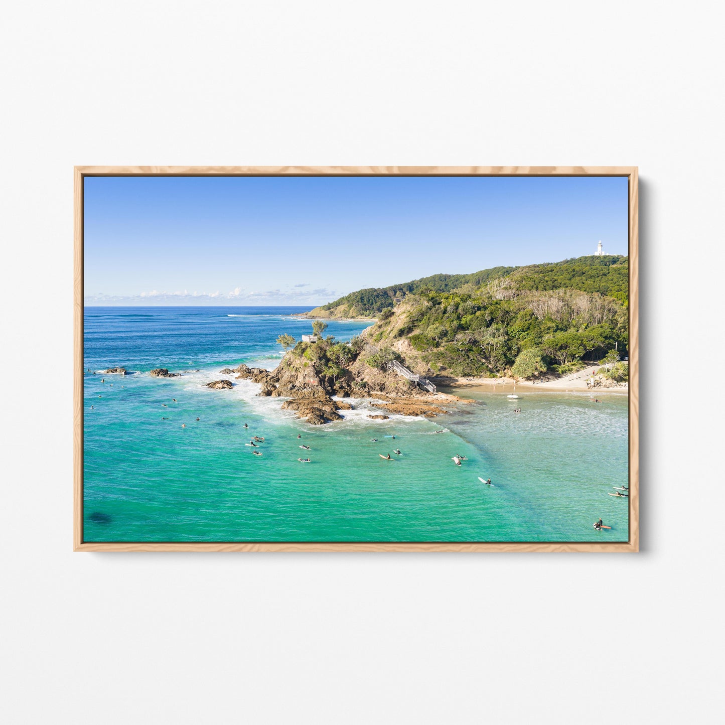 Byron Bay Lighthouse Wategos Oak Framed Canvas