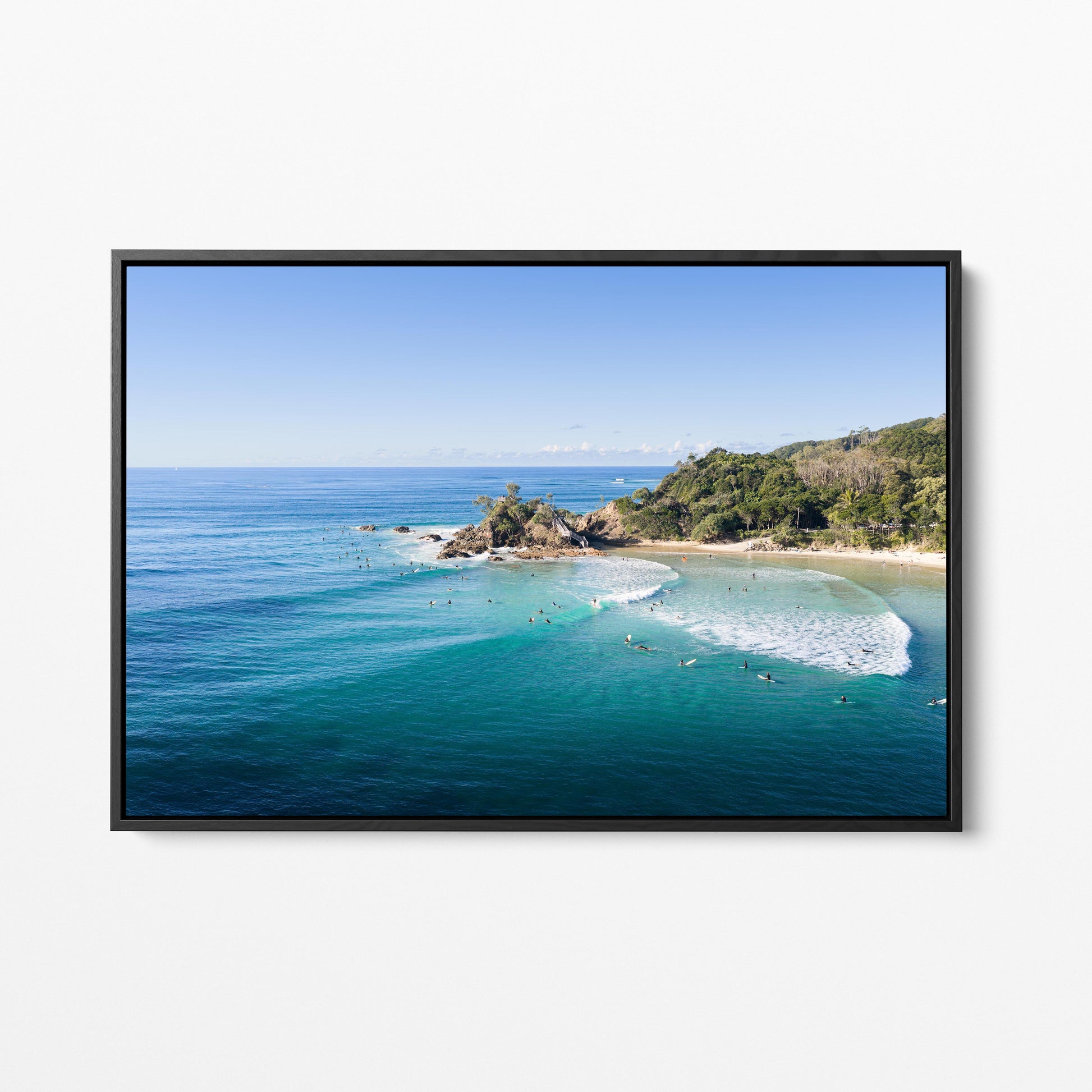 Wategos Beach Surfers Lineup Black Framed Canvas