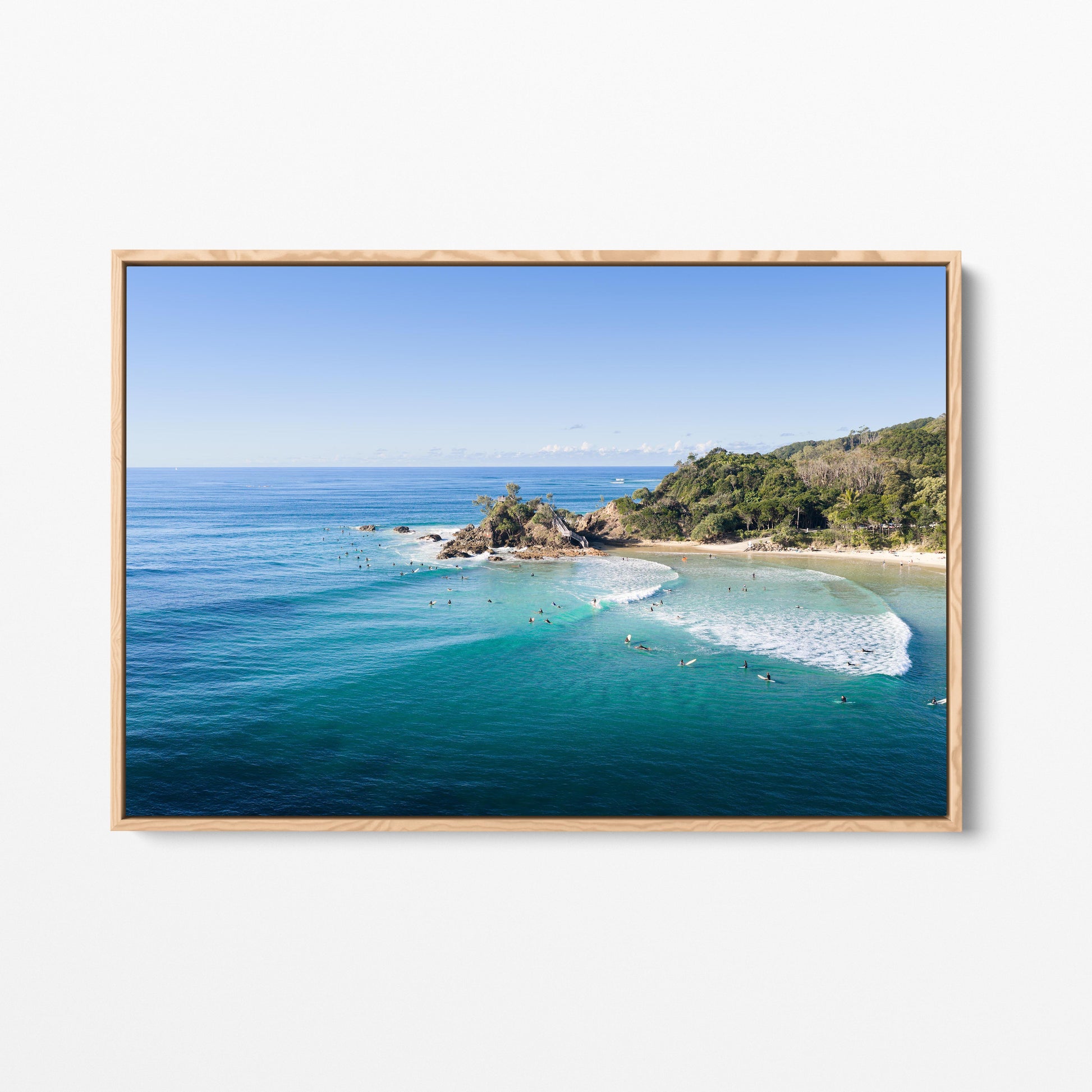 Wategos Beach Surfers Lineup Oak Framed Canvas