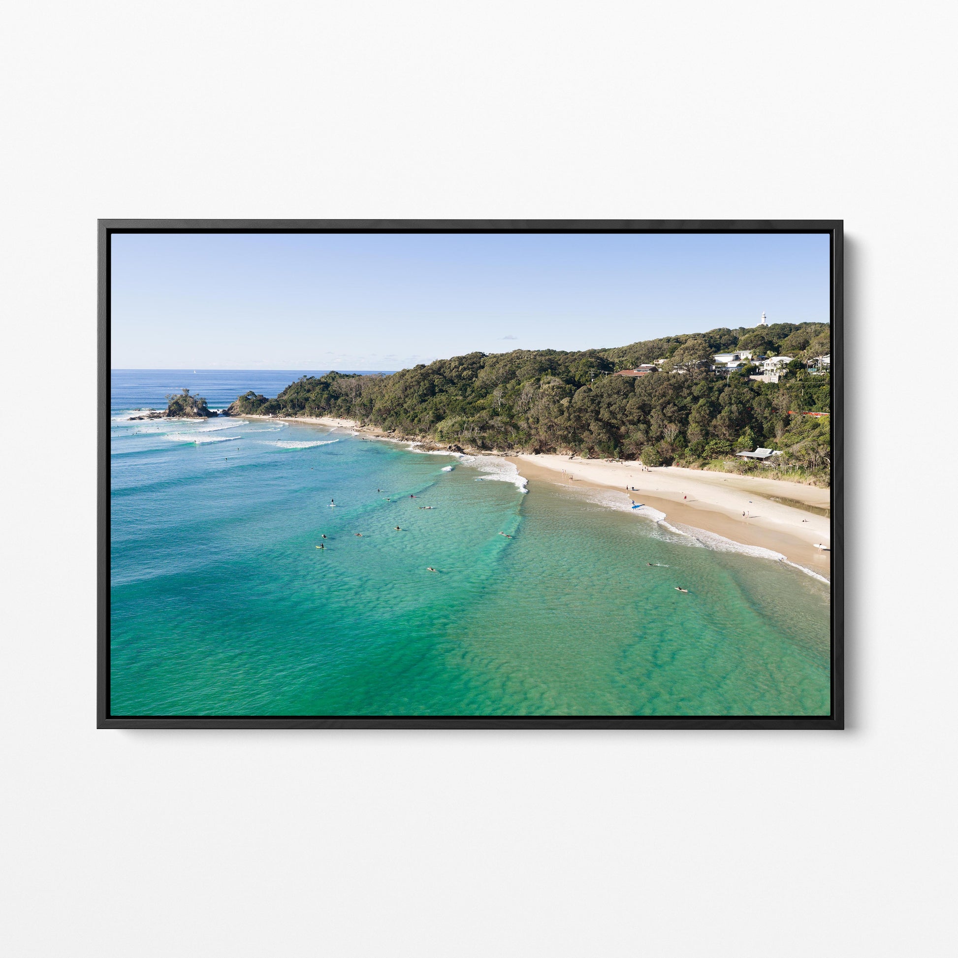Wategos Beach Surfers Black Framed Canvas