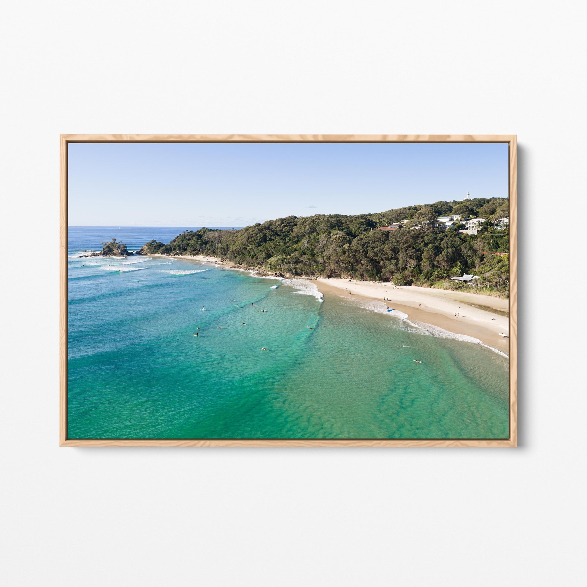 Wategos Beach Surfers Oak Framed Canvas