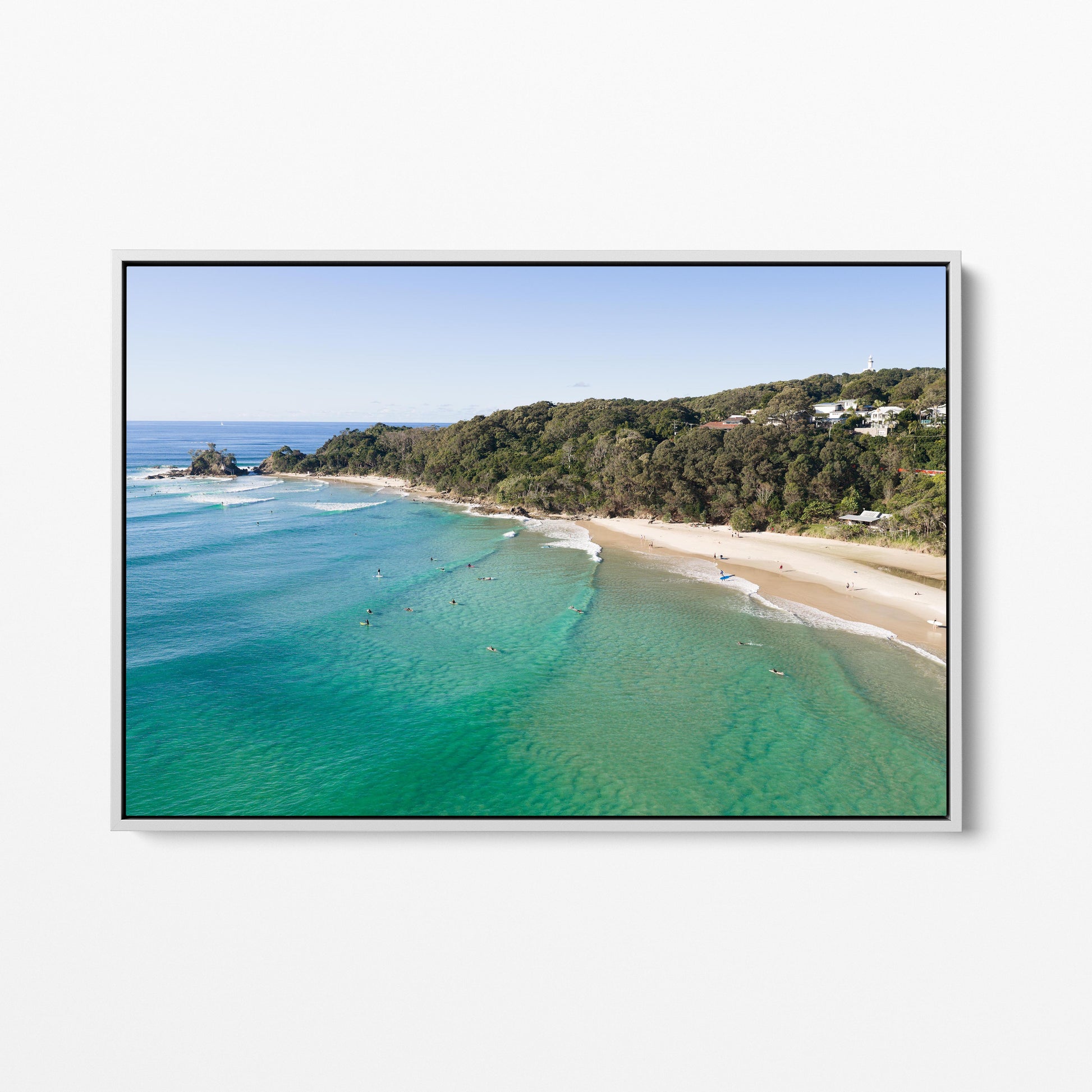 Wategos Beach Surfers White Framed Canvas