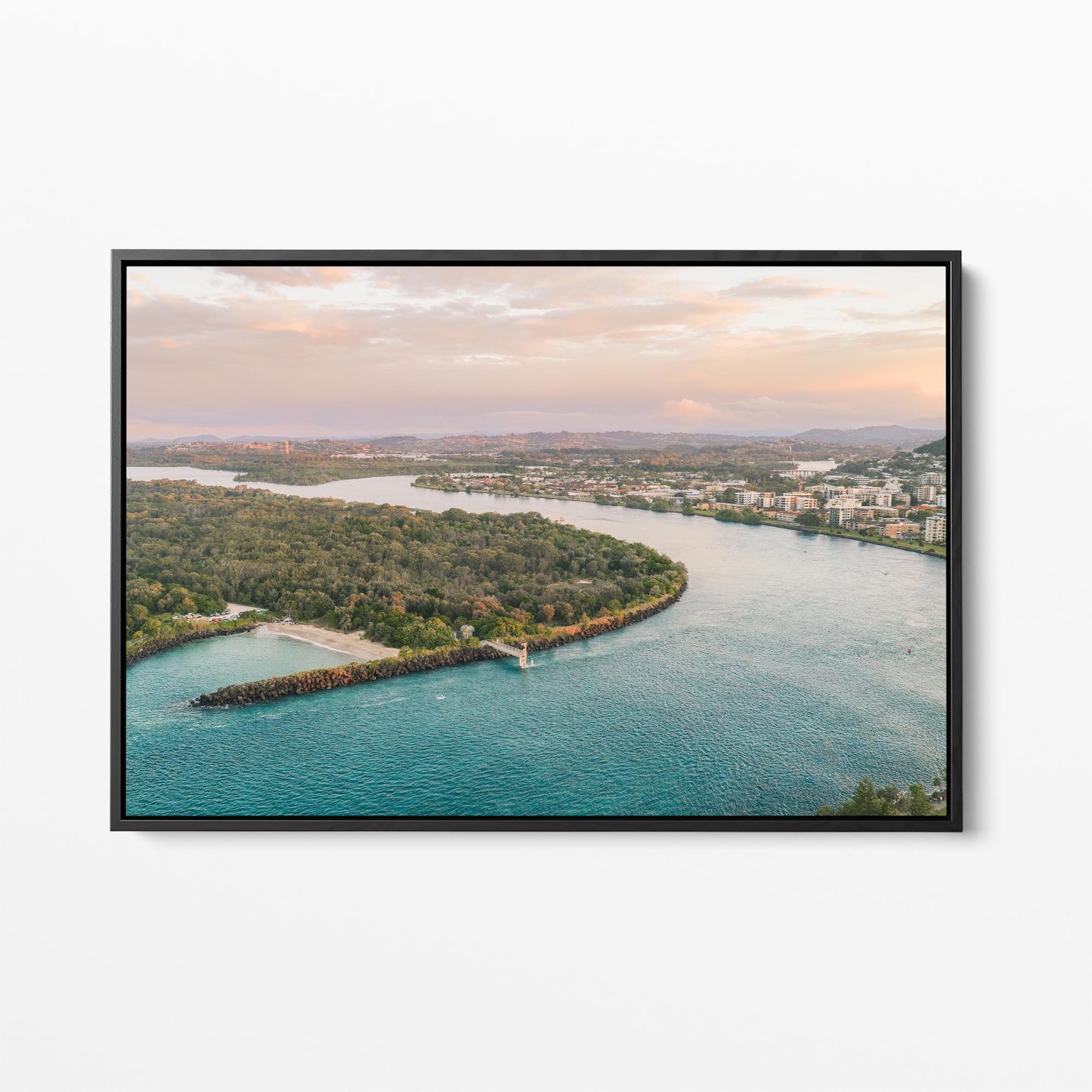 Black framed canvas print of the river mouth beside Duranbah Beach at sunset, New South Wales