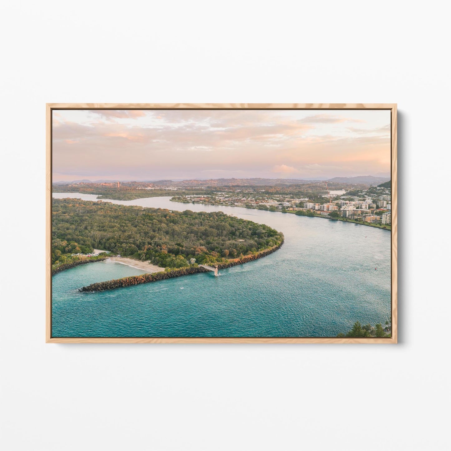 Oak framed canvas print of the river mouth beside Duranbah Beach at sunset, New South Wales