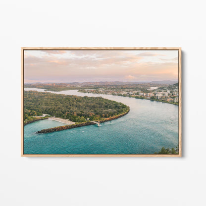 Oak framed canvas print of the river mouth beside Duranbah Beach at sunset, New South Wales