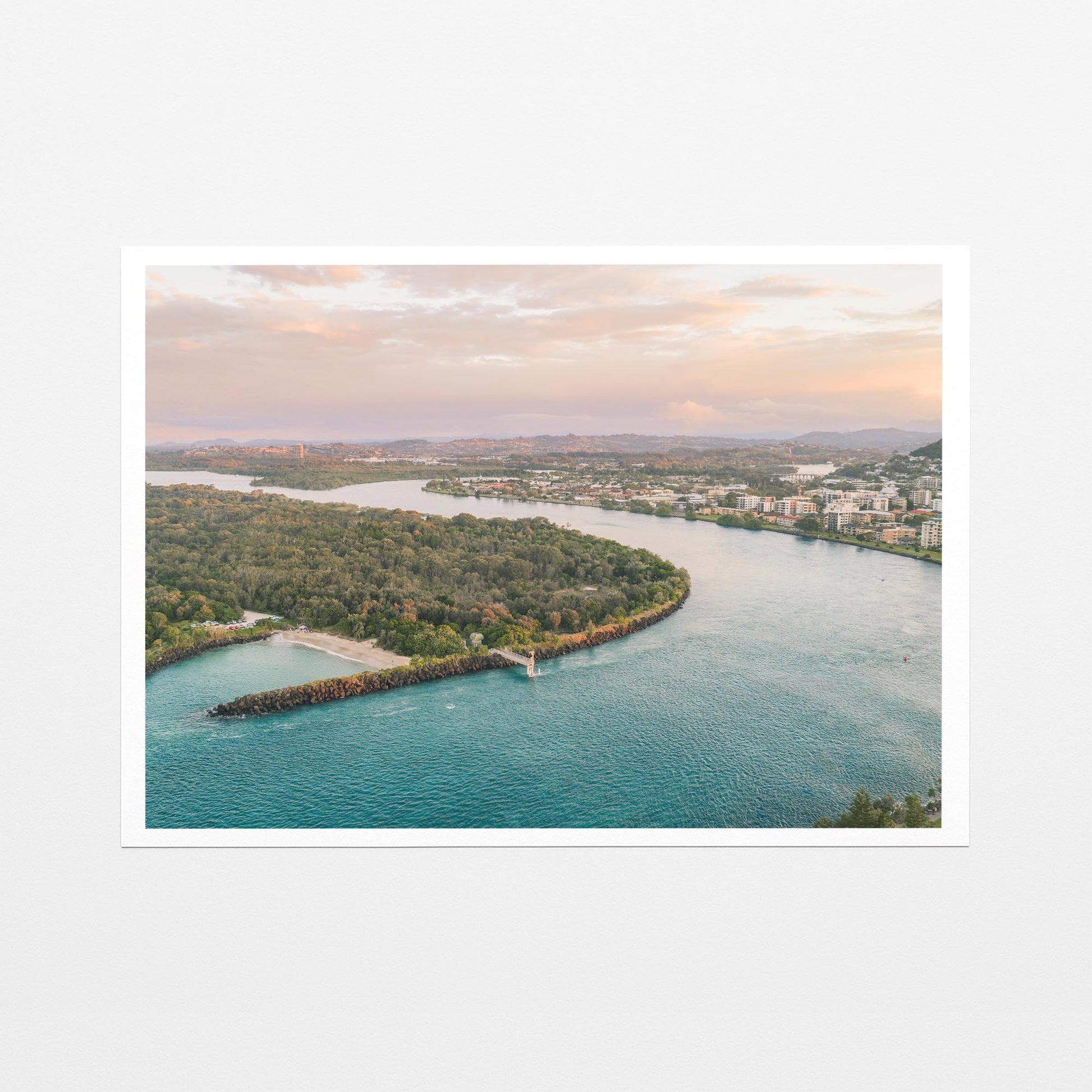 Fine art paper print of the river mouth beside Duranbah Beach at sunset, with a white border