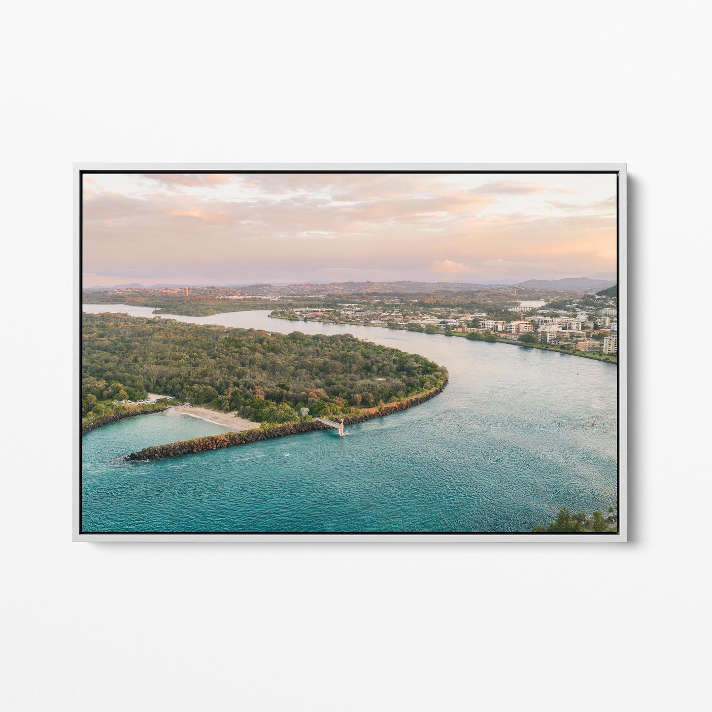 White framed canvas print of the river mouth beside Duranbah Beach at sunset, New South Wales