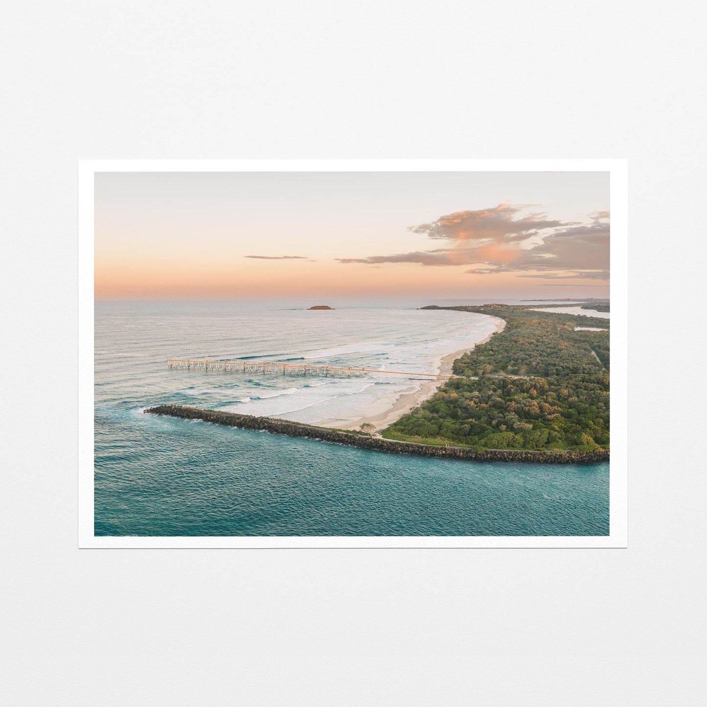 Fine art paper print of the headland at Duranbah at sunset, with a white border