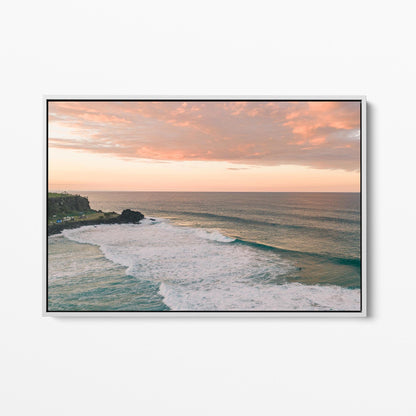 White framed canvas print of pink sunset cloud over the point at Duranbah, New South Wales