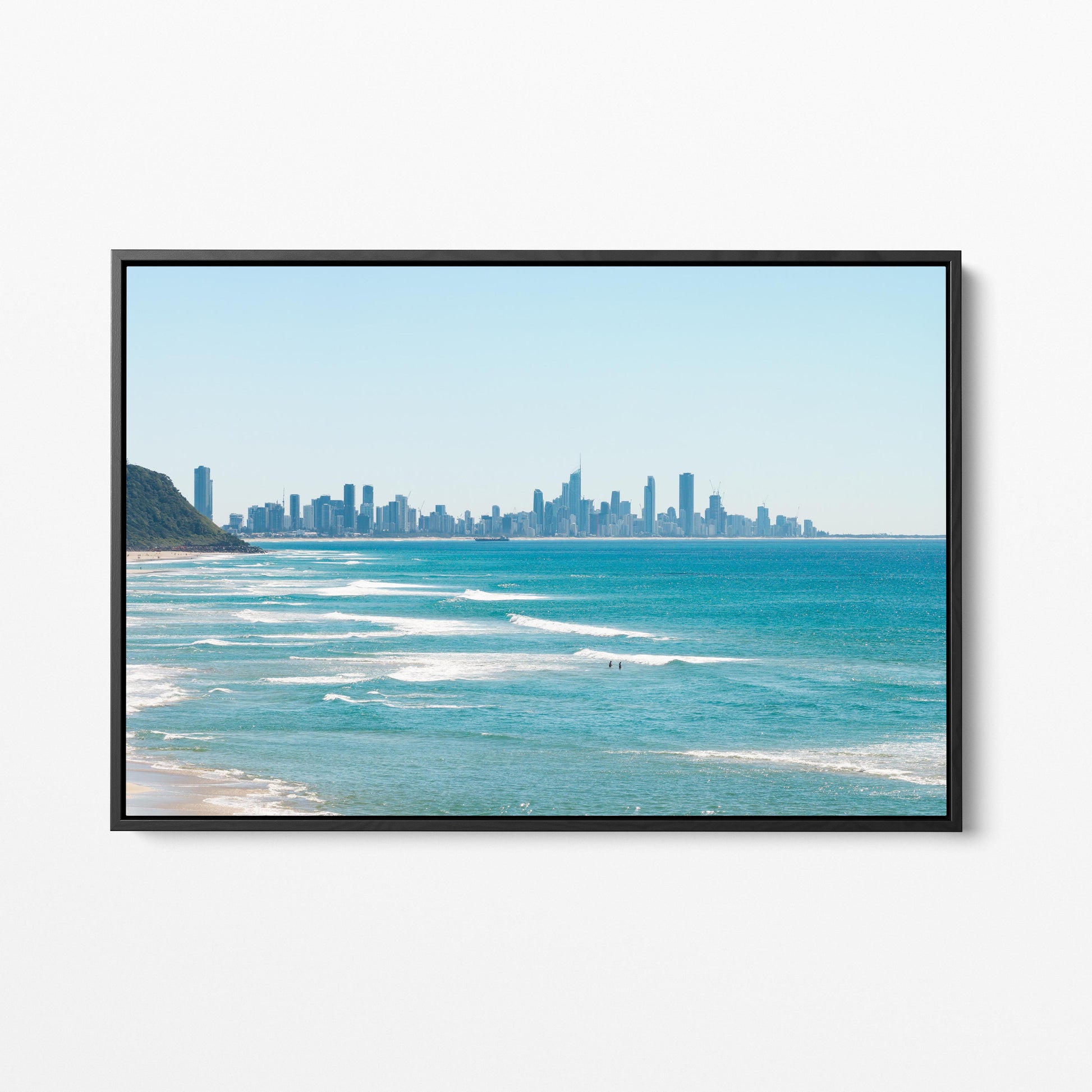 Palm Beach Surfers City View Black Framed Canvas