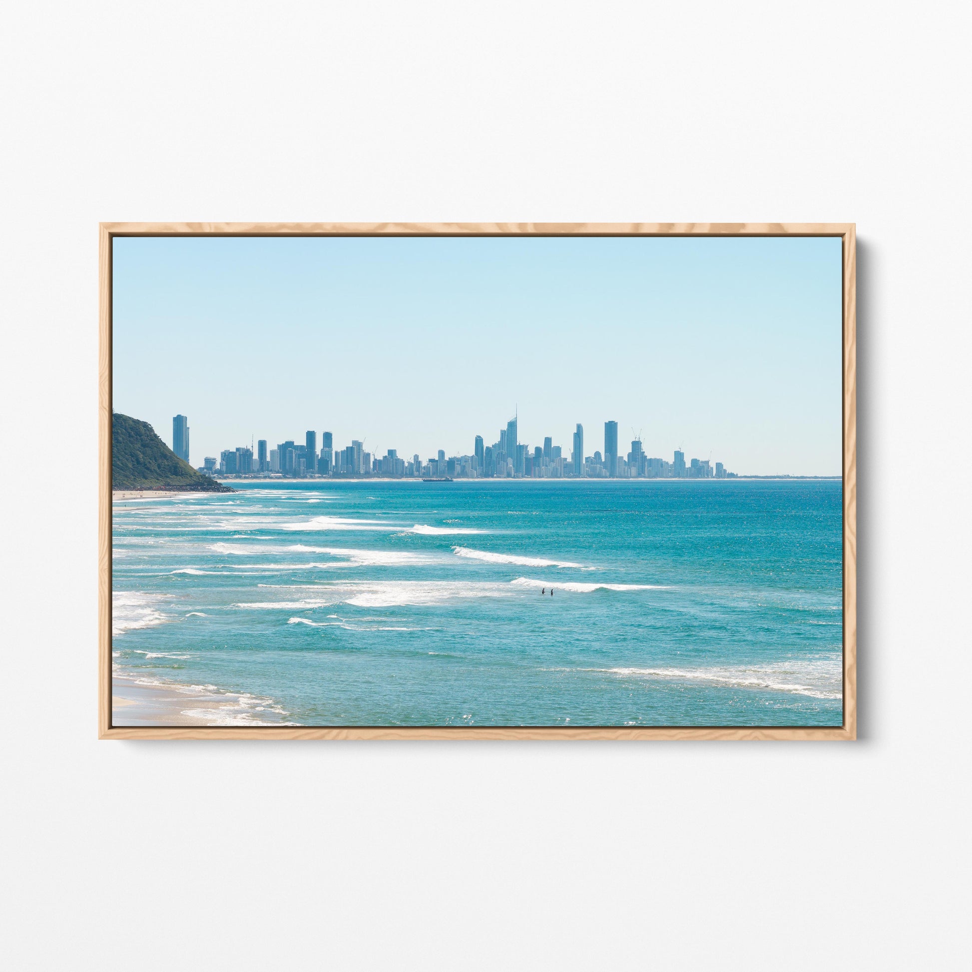 Palm Beach Surfers City View Oak Framed Canvas