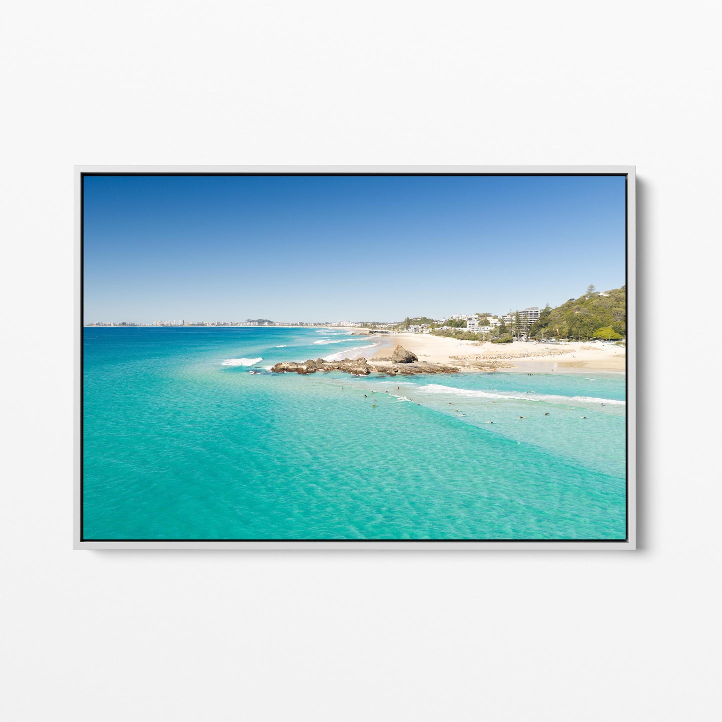 Palm Beach Surfers Coastline White Framed Canvas