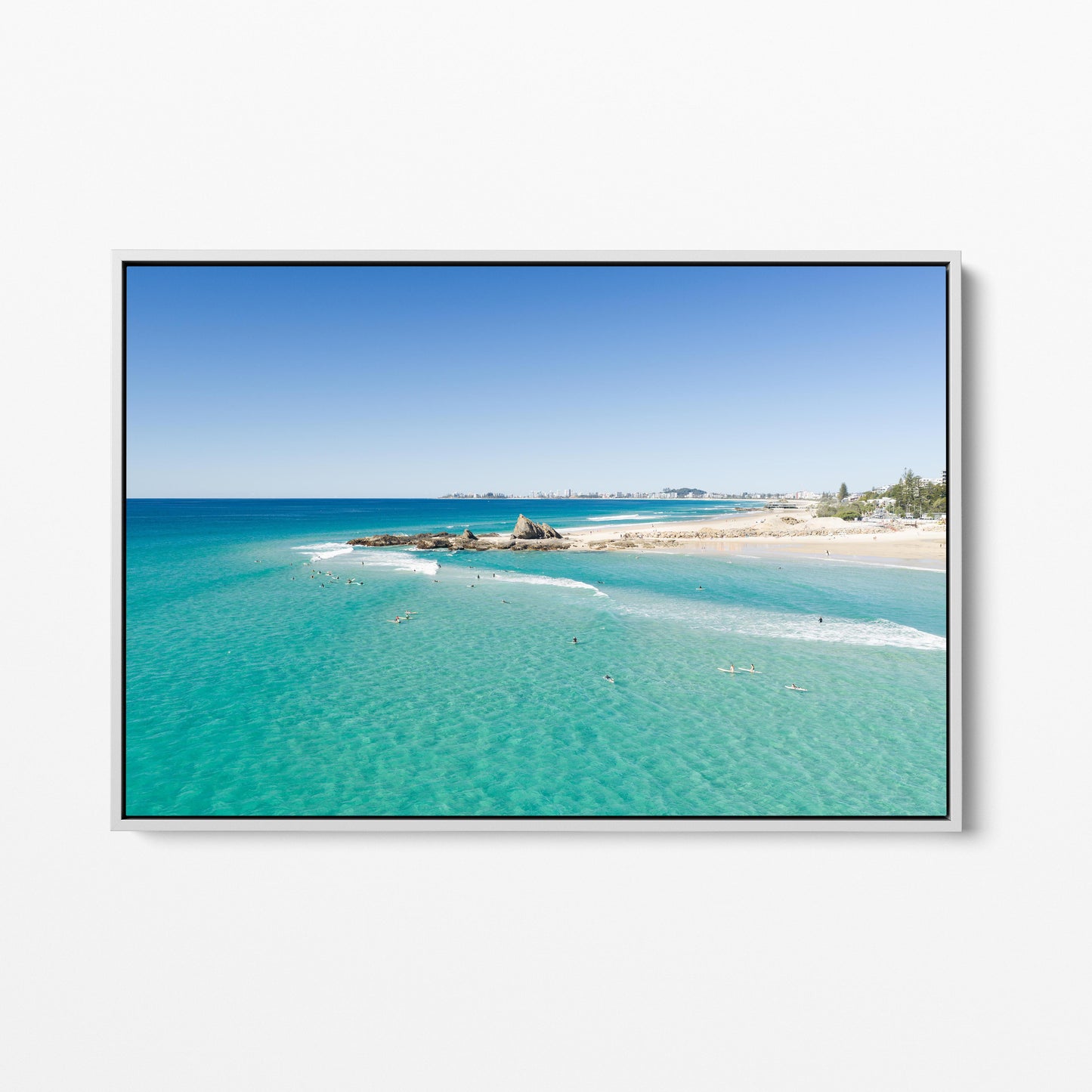 Palm Beach Surfers Rock Outcrop White Framed Canvas