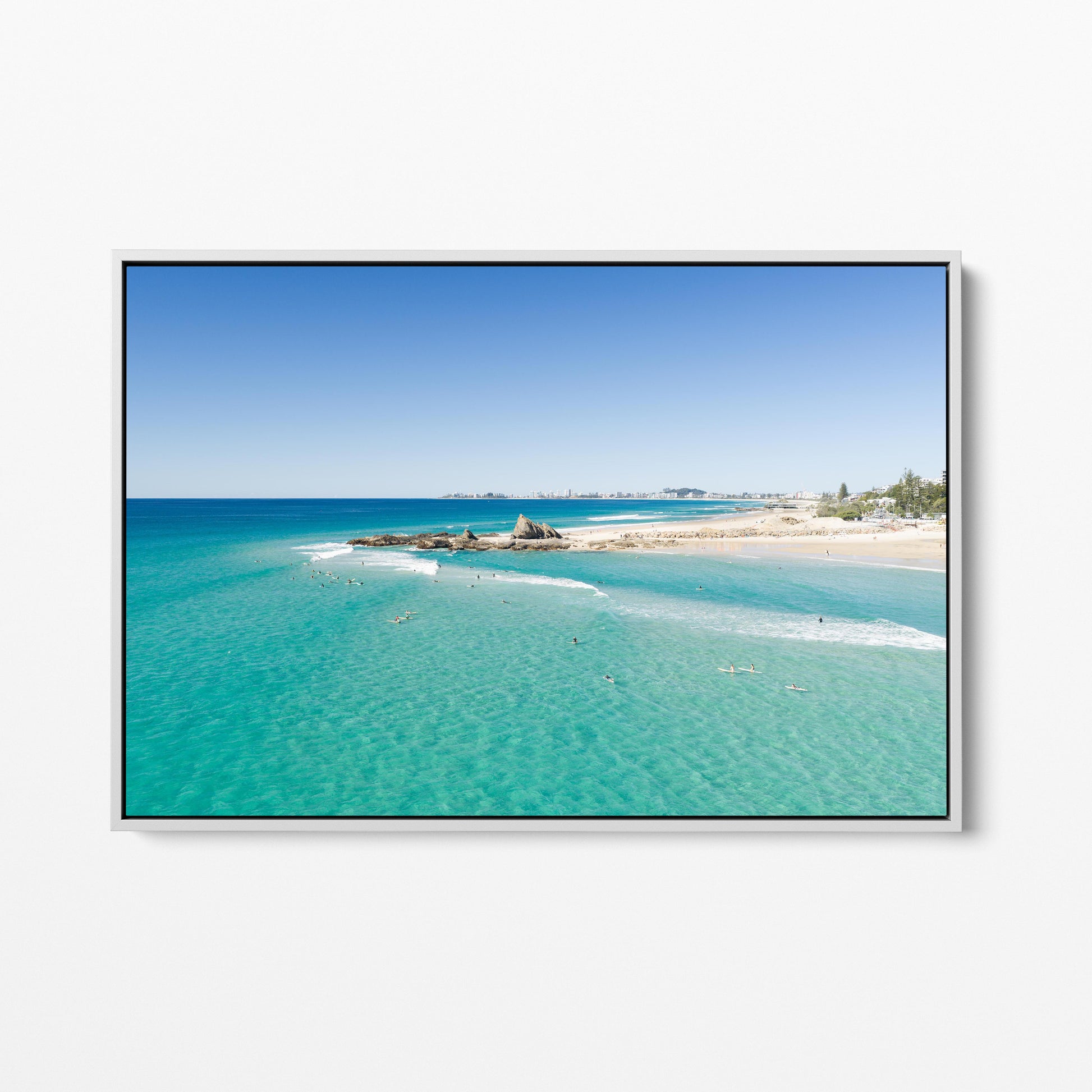 Palm Beach Surfers Rock Outcrop White Framed Canvas