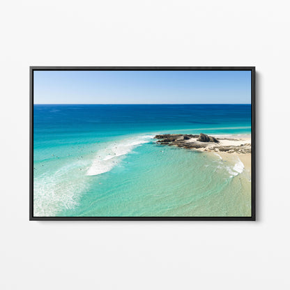 Palm Beach Surfers and Rocks Black Framed Canvas